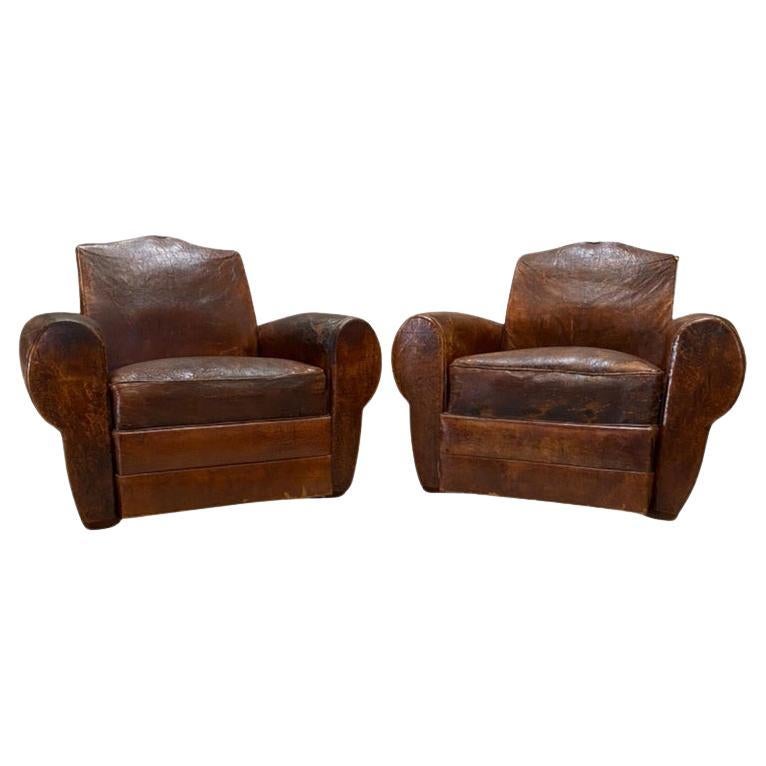 Pair of 1930's French Leather Club Chairs  For Sale