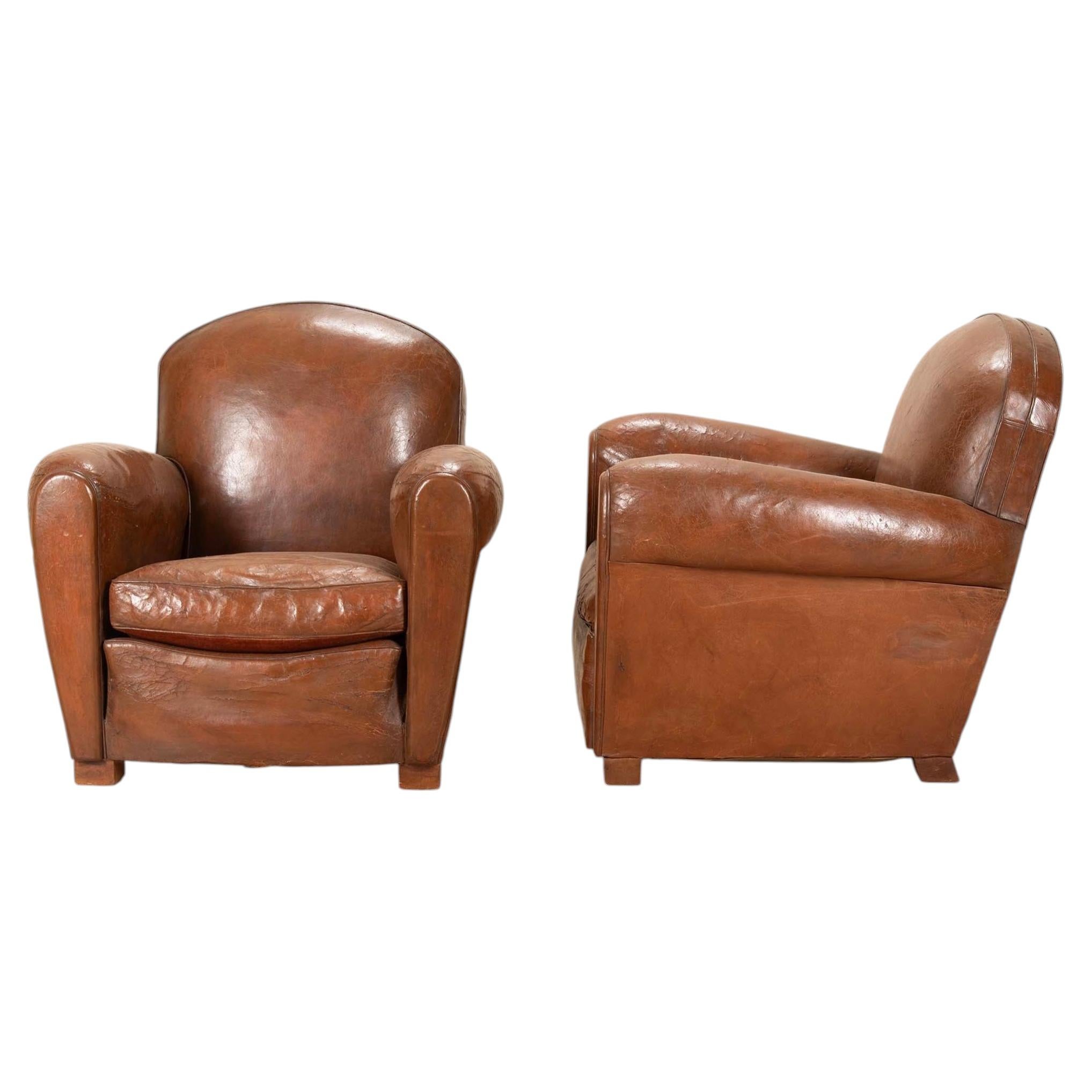 Pair of 1930s French Leather Club Chairs