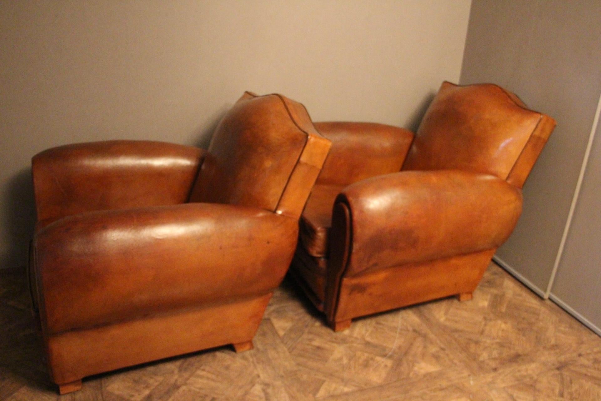 Pair of 1930s French Leather Club Chairs, Moustache Back 5