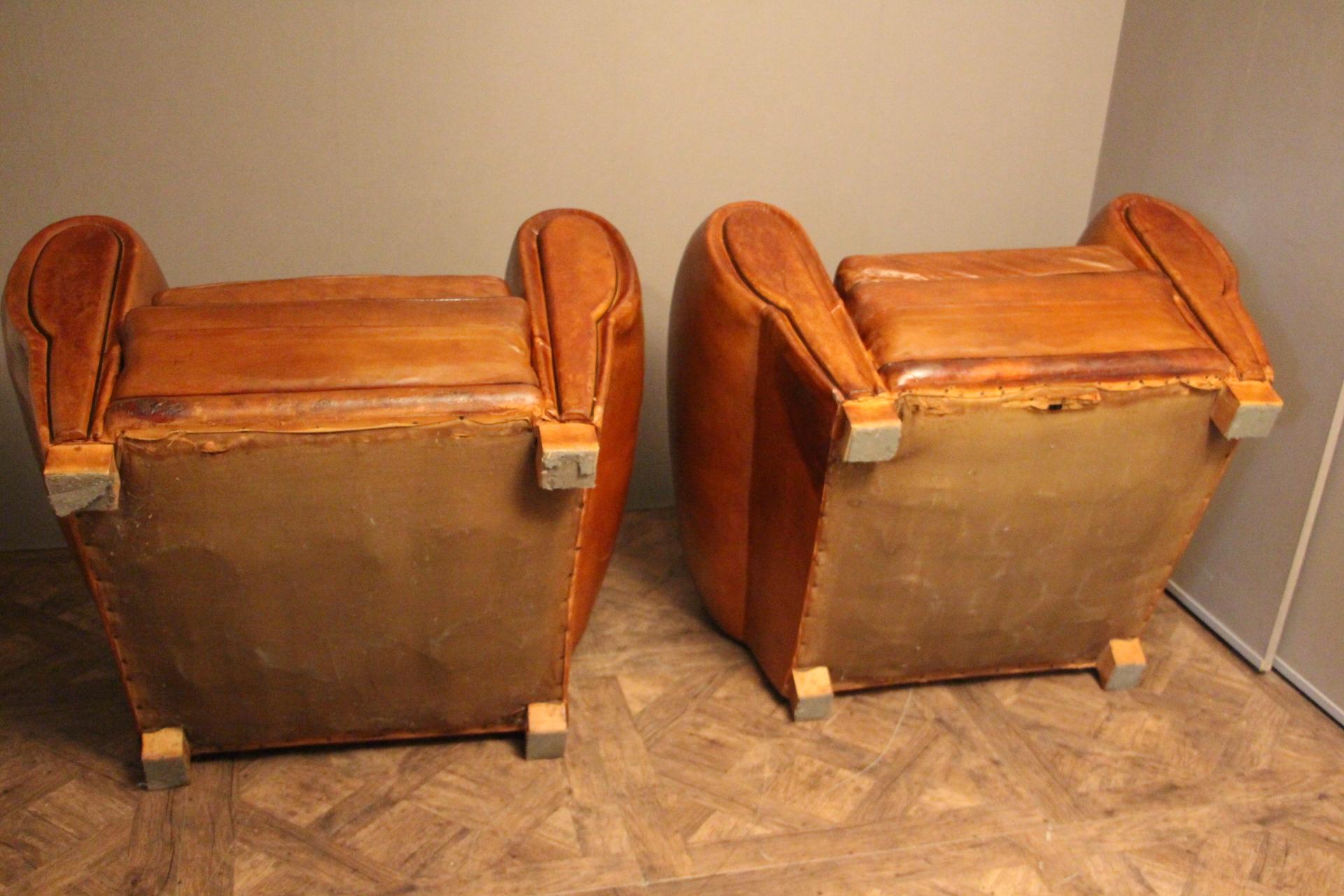 Pair of 1930s French Leather Club Chairs, Moustache Back 6