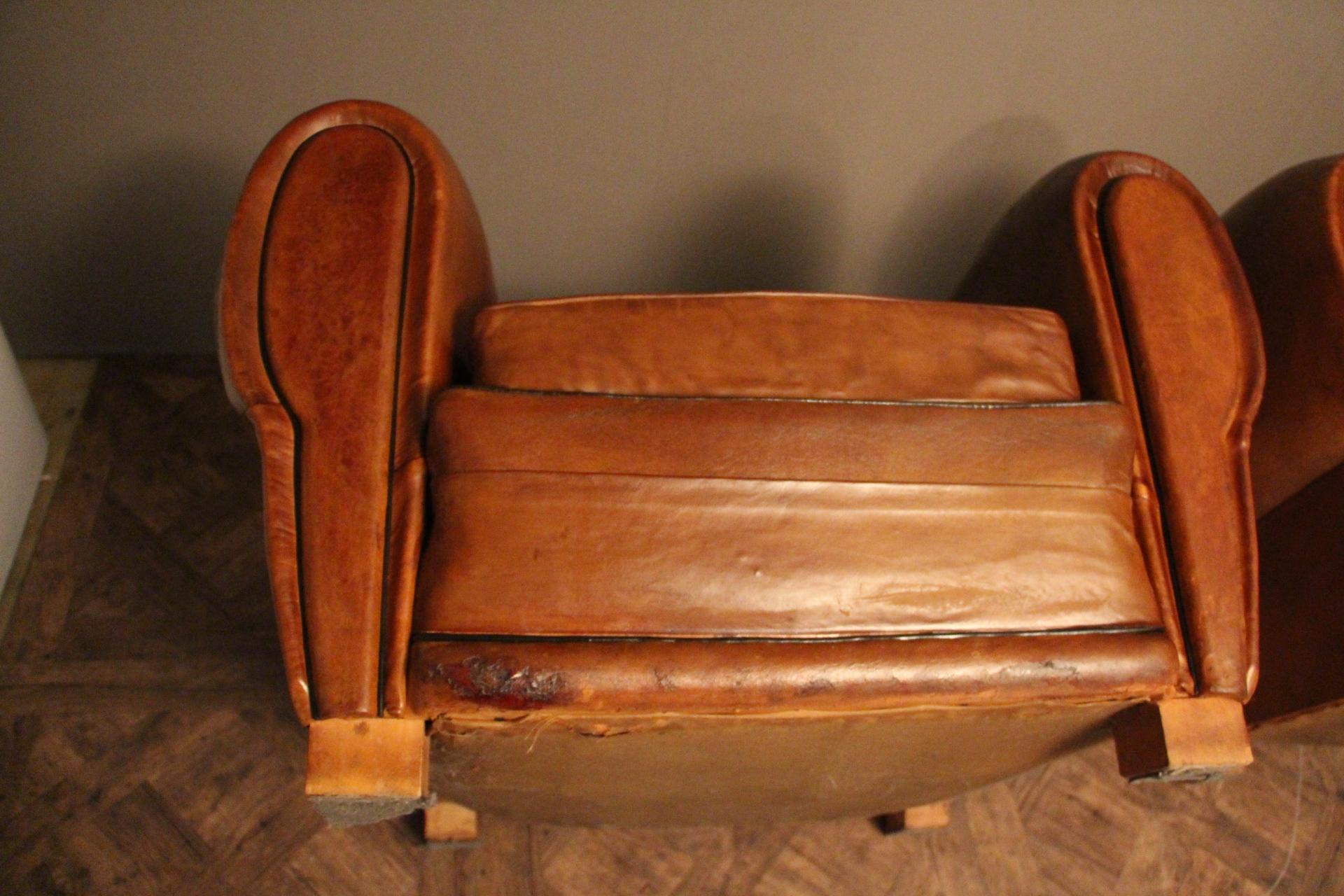 Pair of 1930s French Leather Club Chairs, Moustache Back 7