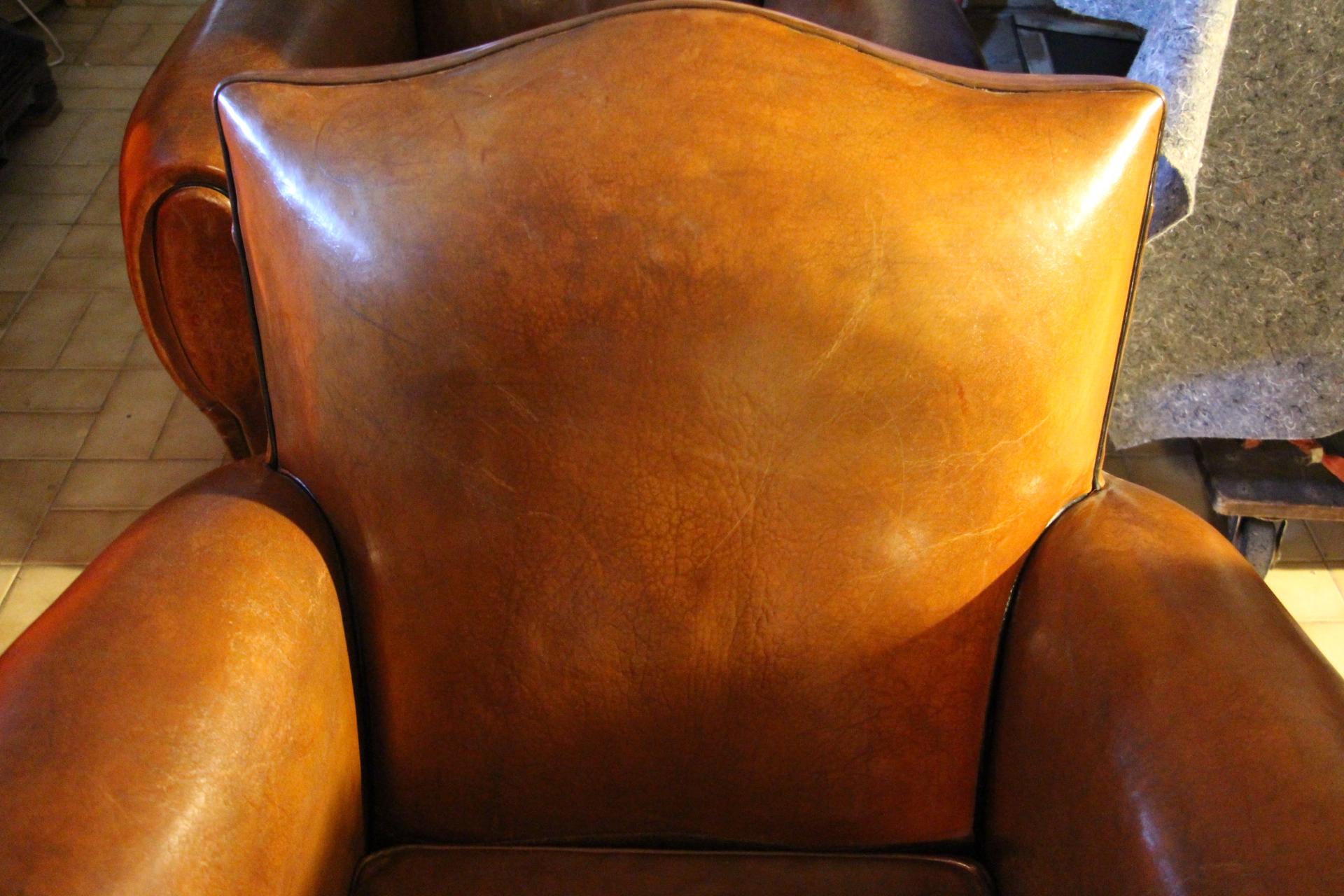 Pair of 1930s French Leather Club Chairs, Moustache Back 9