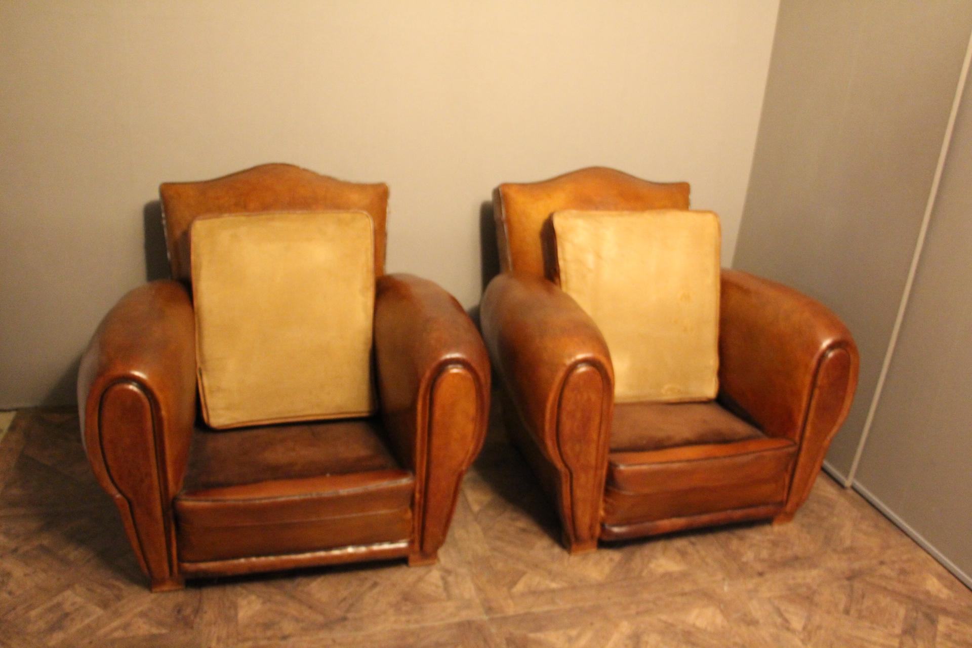 Art Deco Pair of 1930s French Leather Club Chairs, Moustache Back