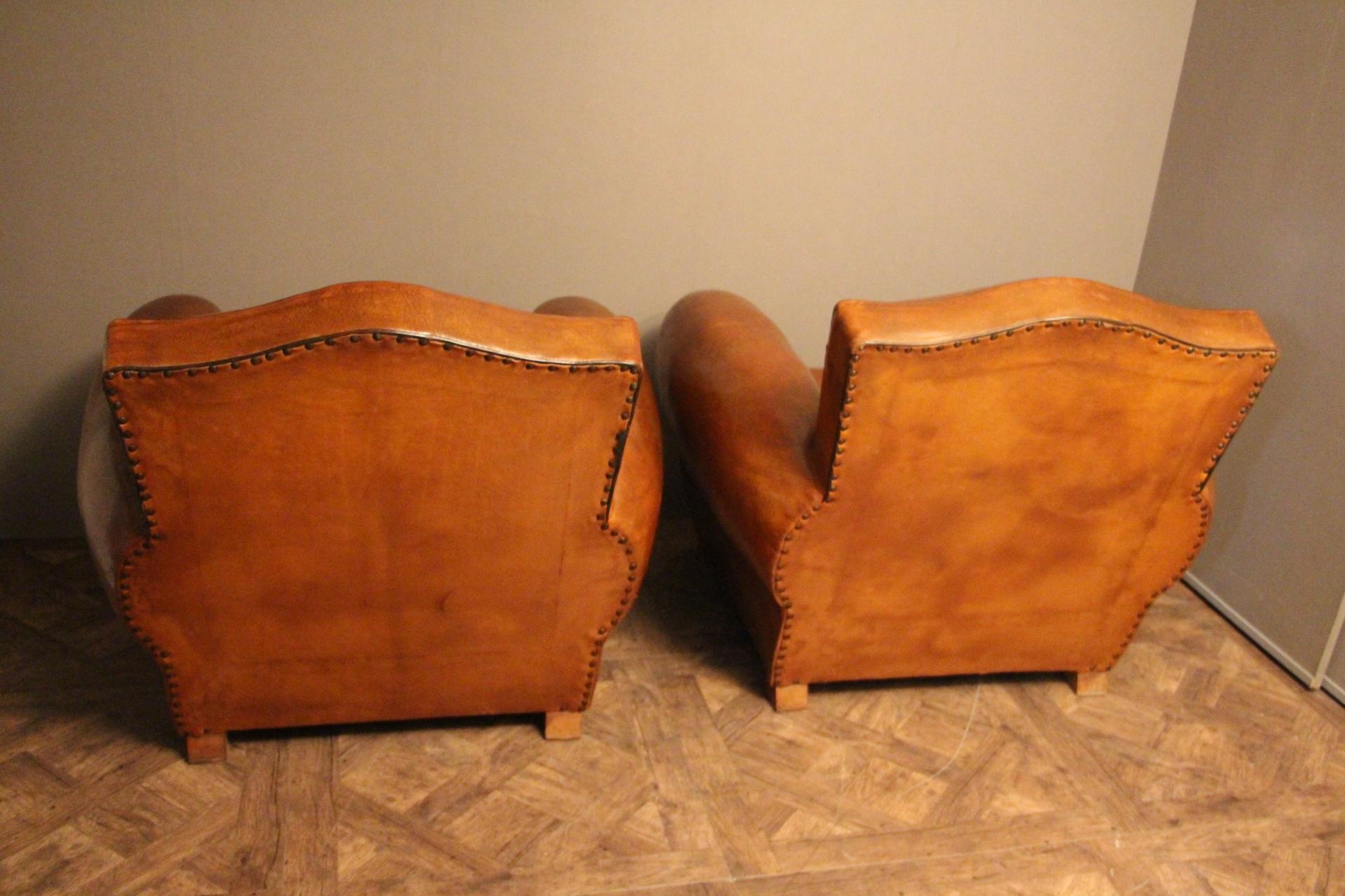 Pair of 1930s French Leather Club Chairs, Moustache Back 1