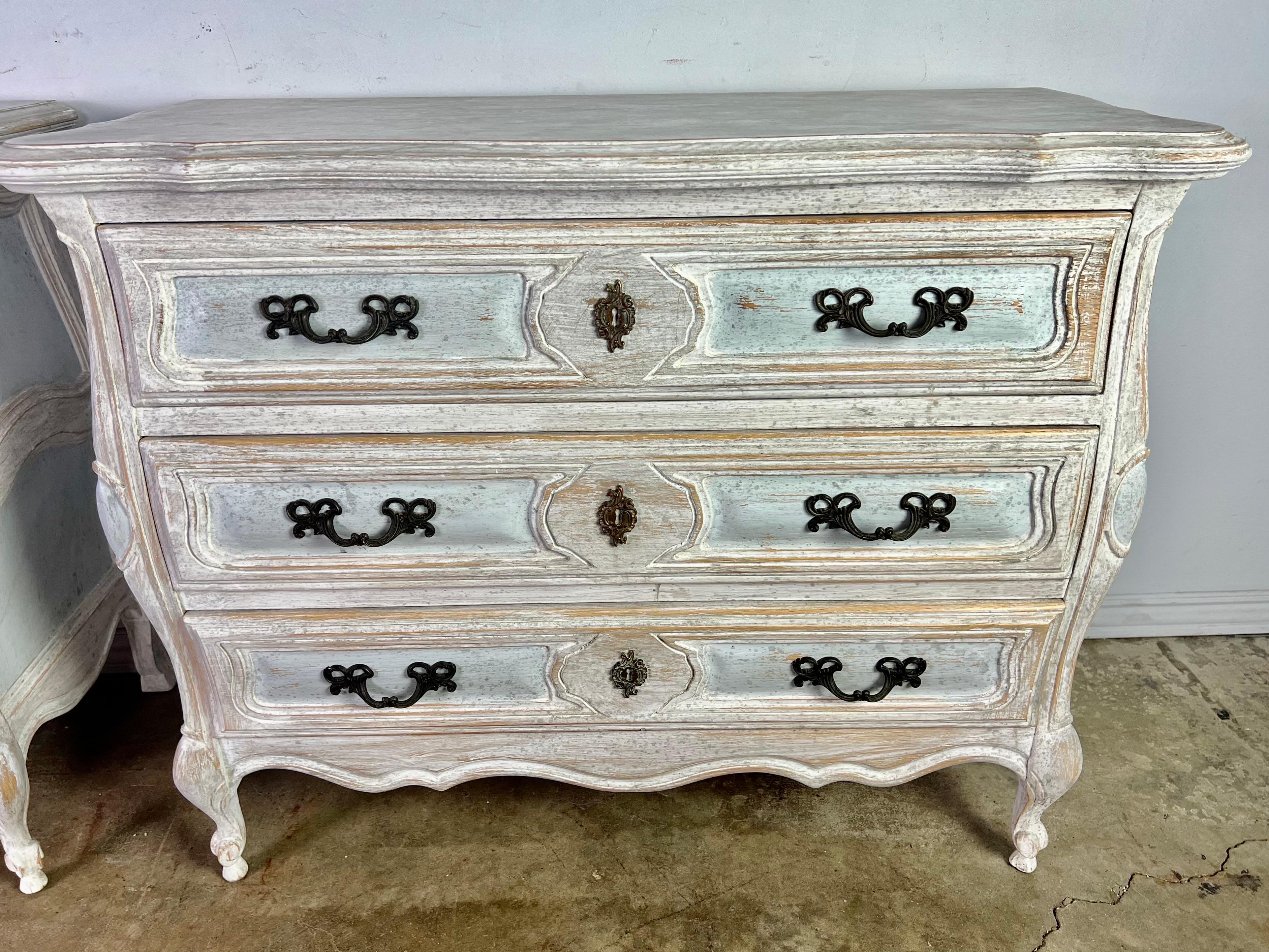 Pair of 1930’s French Louis XV Style Painted Commodes In Distressed Condition For Sale In Los Angeles, CA