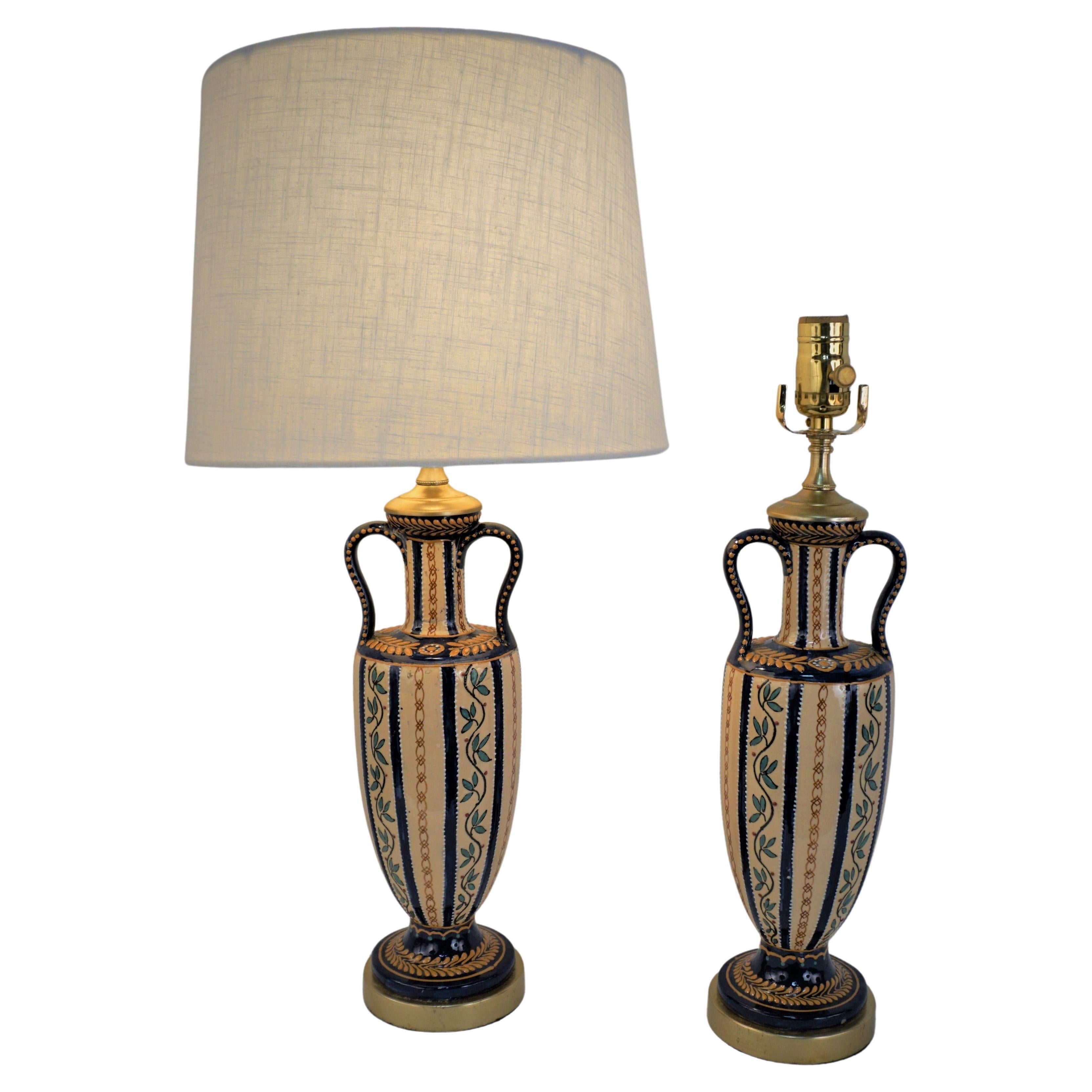 Pair of 1930's Hand Painted Ceramic Table Lamps For Sale