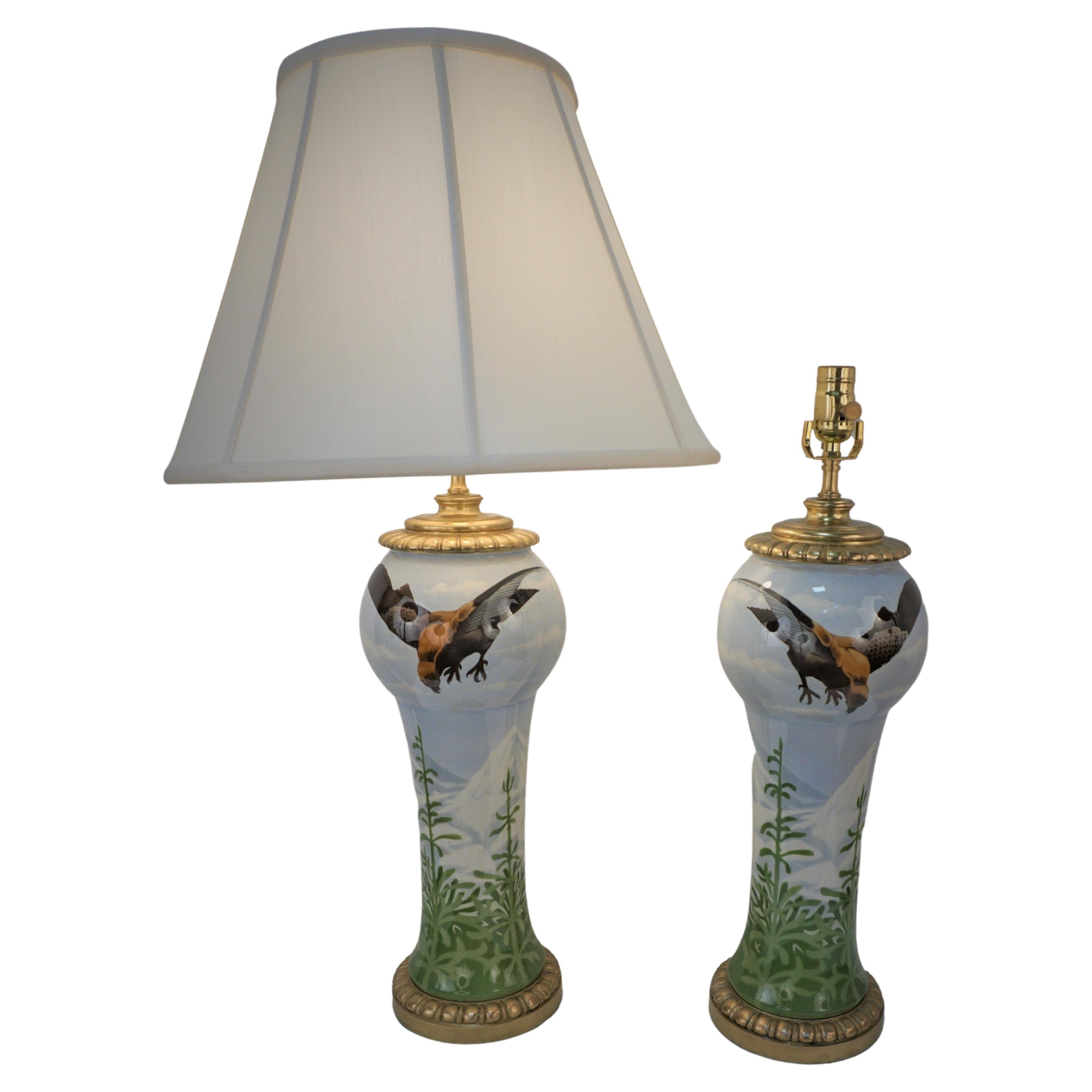 Pair of 1930's Hand Painted Porcelain Table Lamps by Charles Catteau Belgium