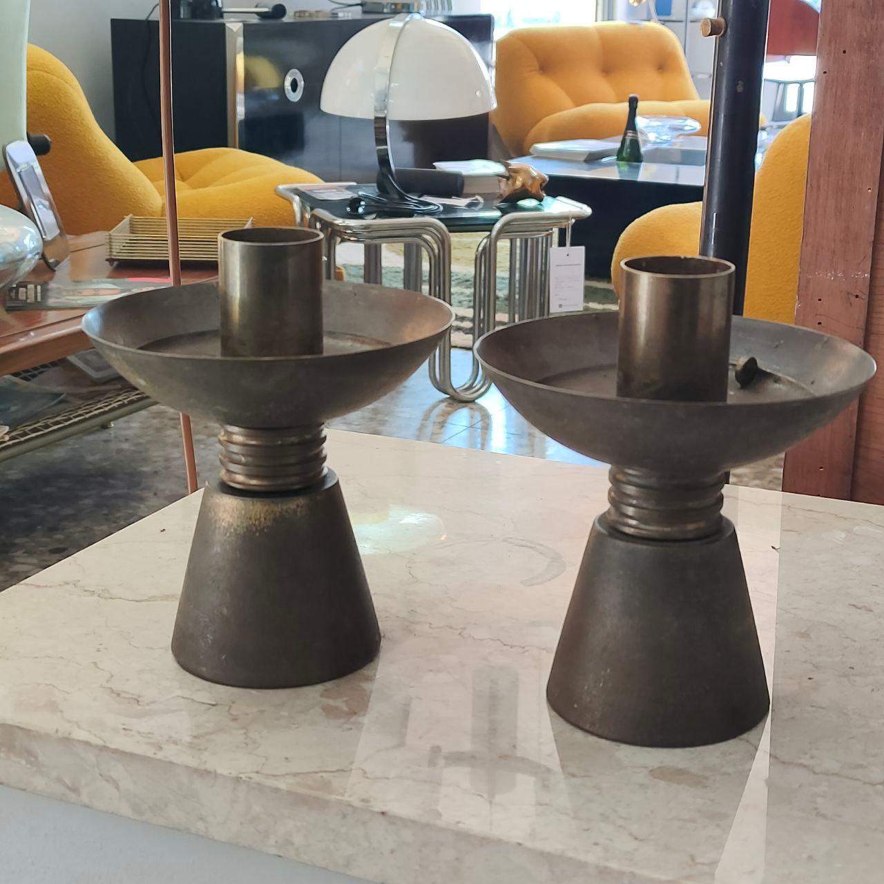 Art Deco Candlesticks Brass Candelabras with Original Patina, Italy, 1930s For Sale 6