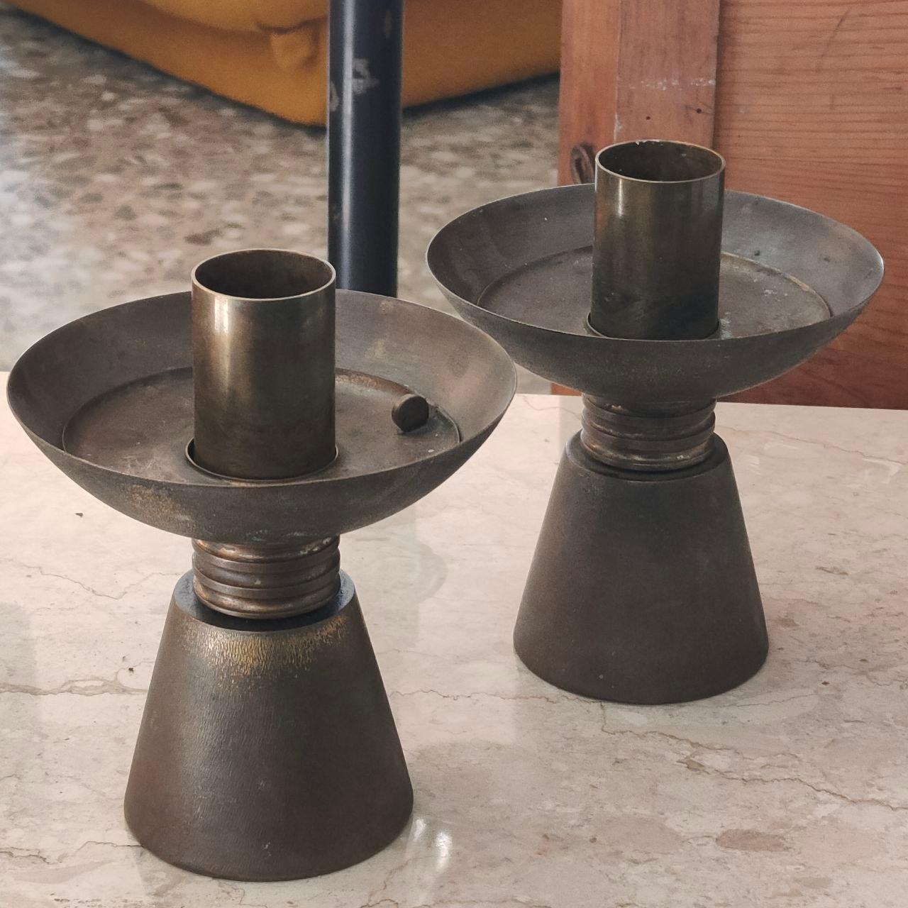Italian Art Deco Candlesticks Brass Candelabras with Original Patina, Italy, 1930s For Sale