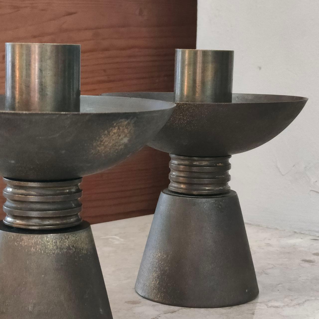 Art Deco Candlesticks Brass Candelabras with Original Patina, Italy, 1930s For Sale 4
