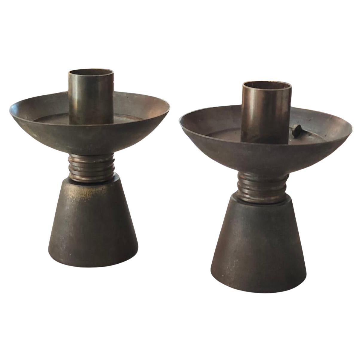 Pair of 1930s Italian Art Deco Solid Brass Candelabras with Original Patina