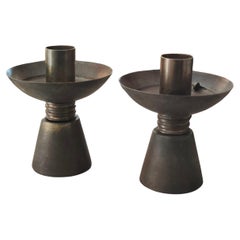 Pair of 1930s Italian Art Deco Solid Brass Candelabras with Original Patina