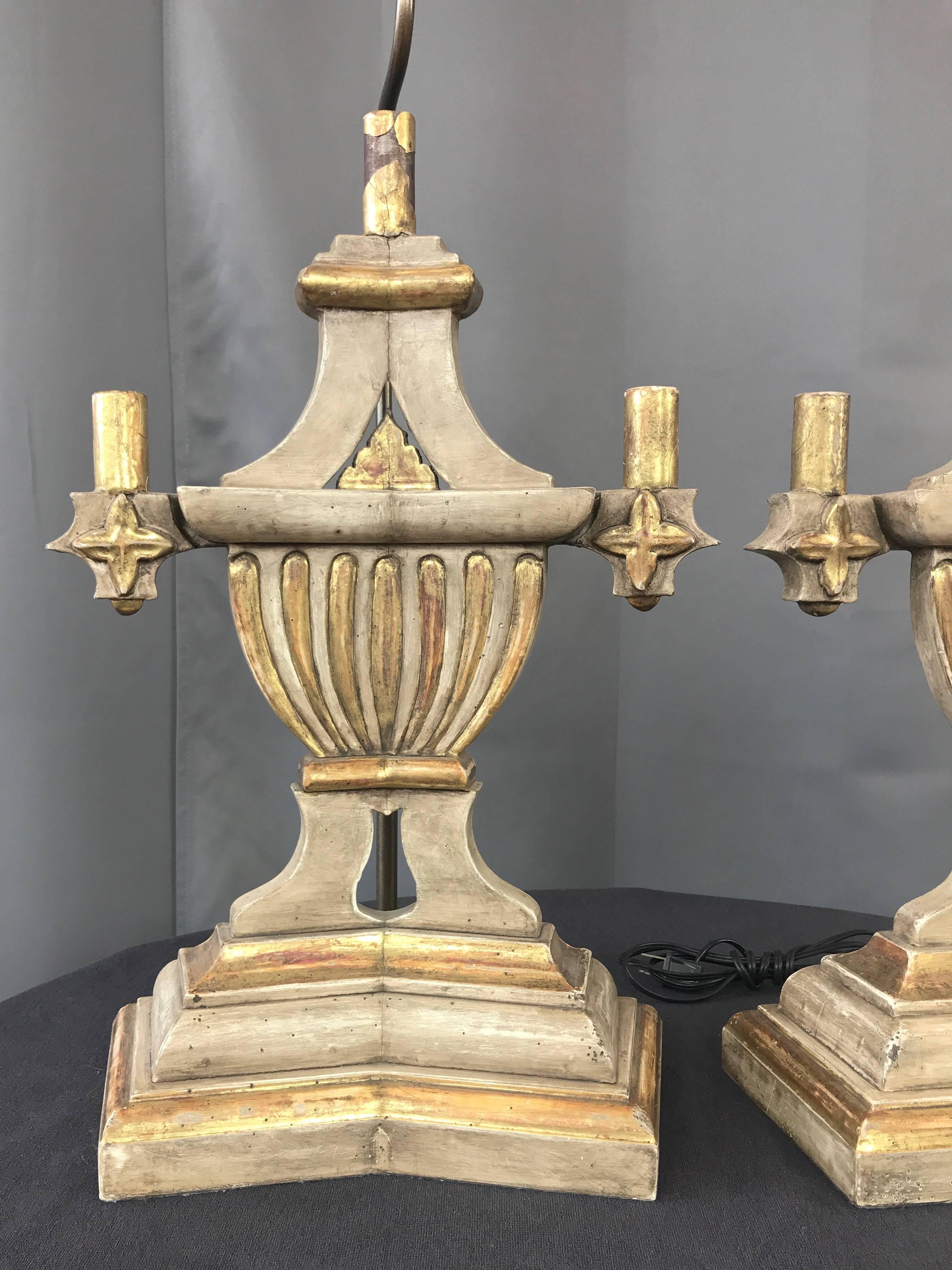 Mid-20th Century Pair of 1930s Italian Neoclassical Parcel-Gilt Candleholder Table Lamps For Sale