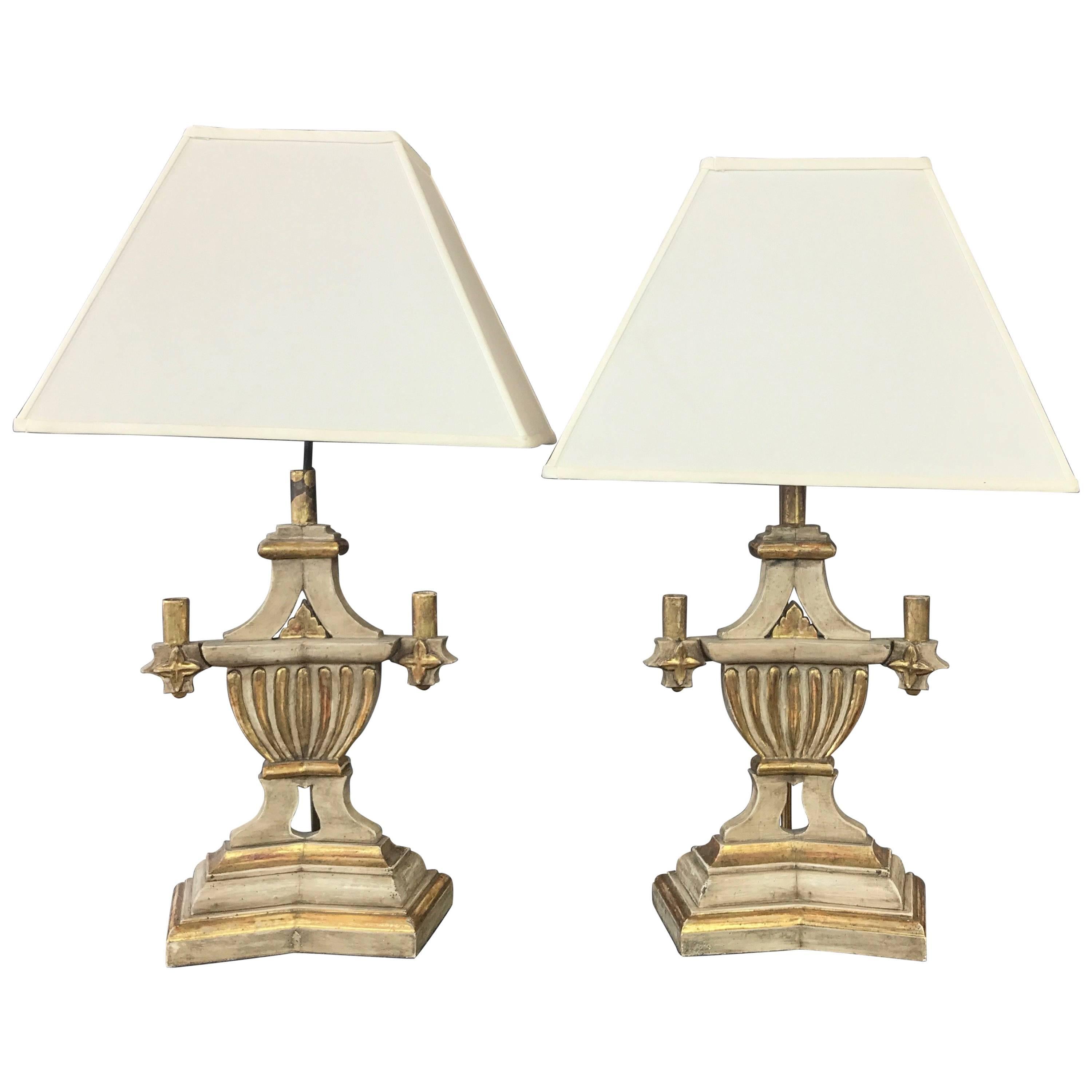Pair of 1930s Italian Neoclassical Parcel-Gilt Candleholder Table Lamps For Sale