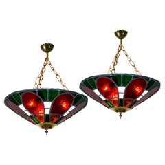 Vintage Pair of 1930s Large Leaded Stained Glass and Brass Ceiling Lights