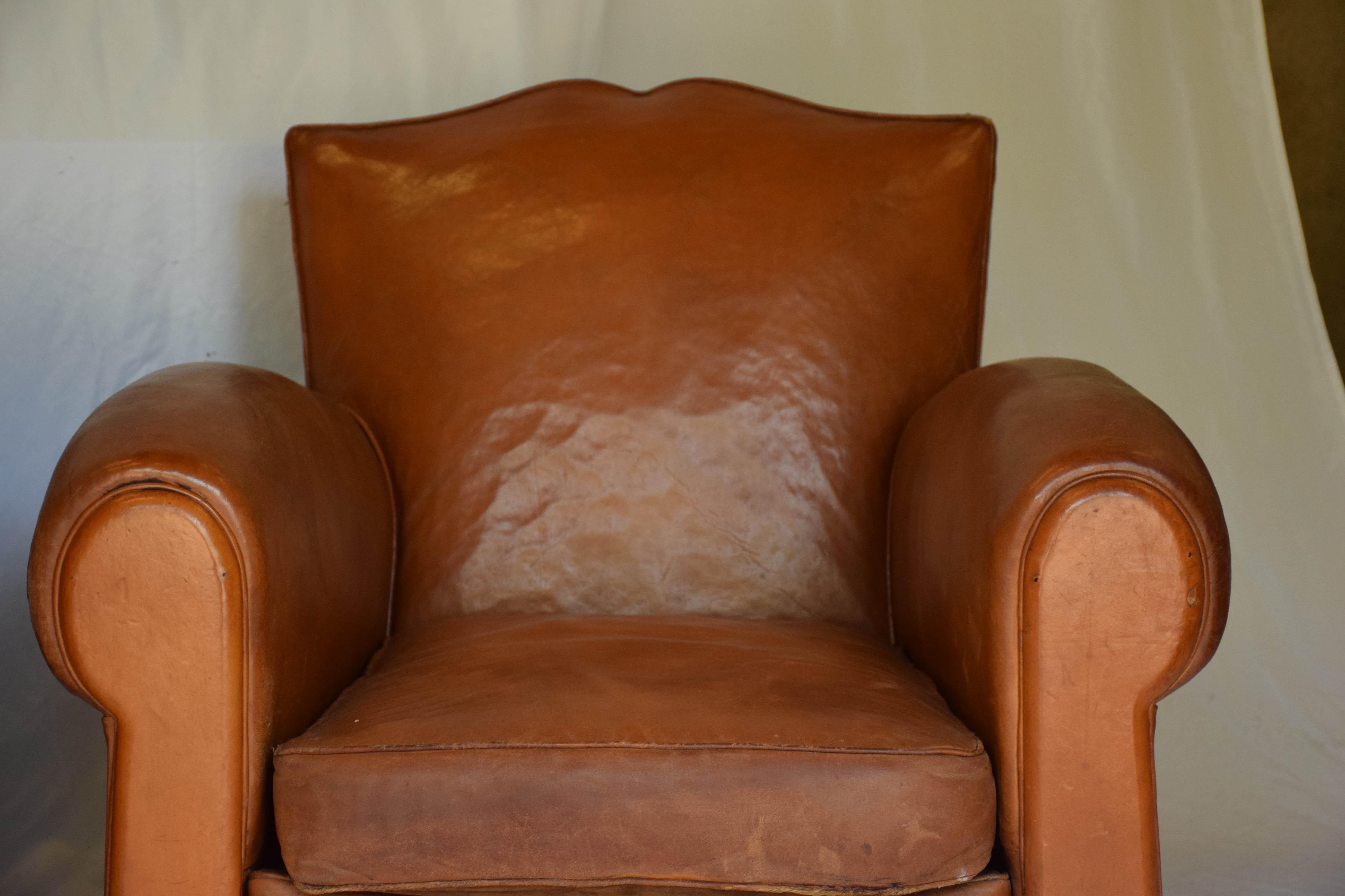 French Pair of 1930s Leather Moustache Leather Club Chairs