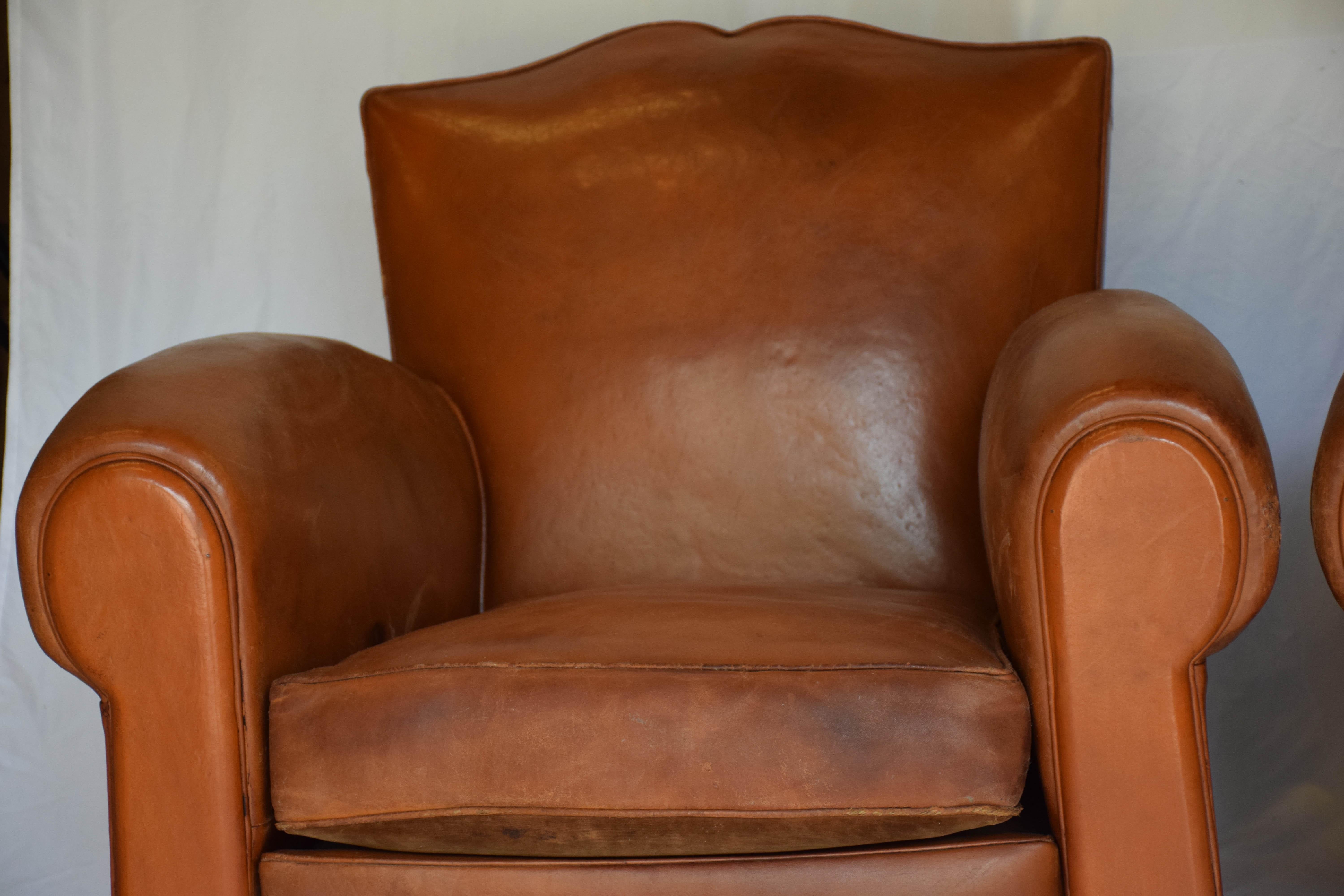 Mid-20th Century Pair of 1930s Leather Moustache Leather Club Chairs
