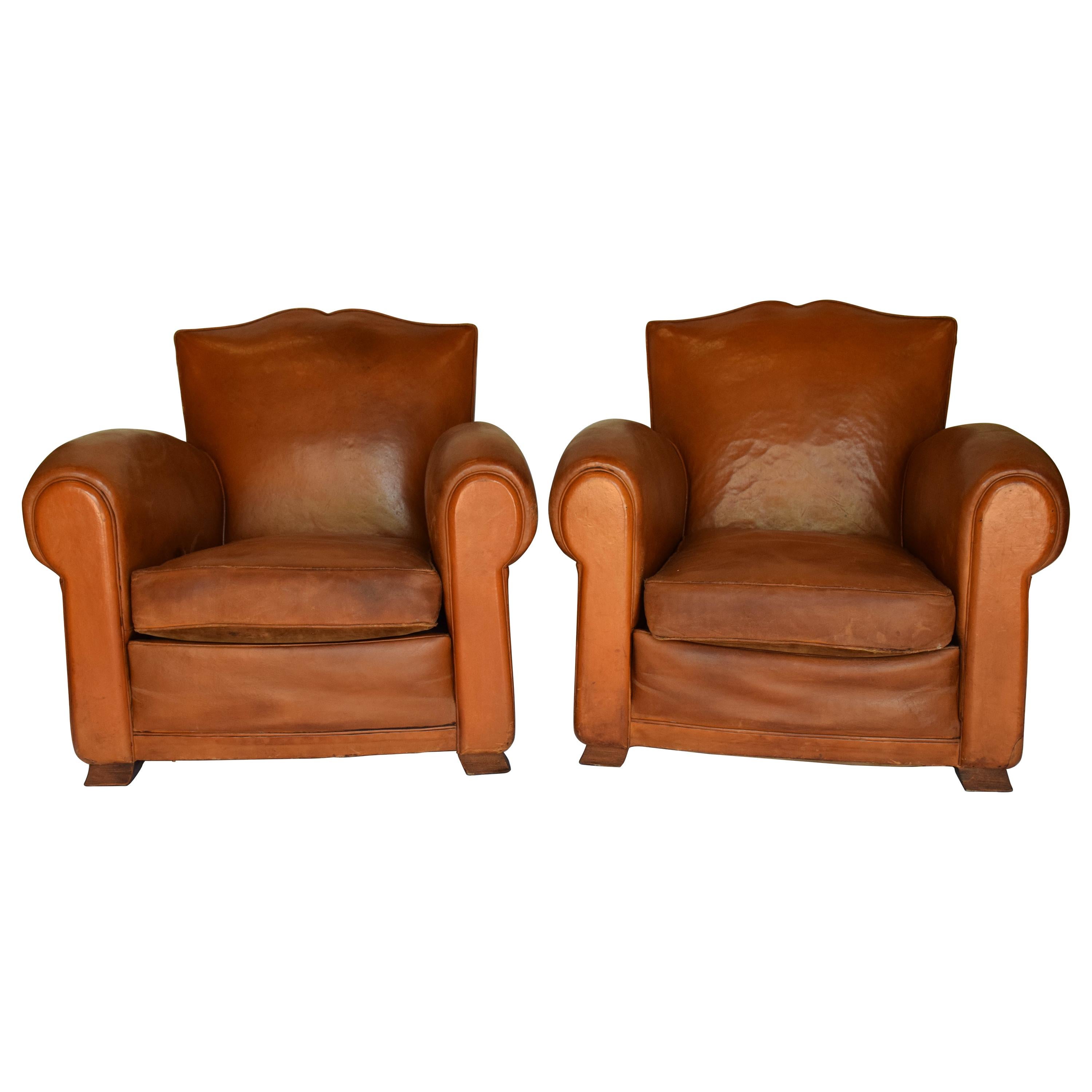 Pair of 1930s Leather Moustache Leather Club Chairs