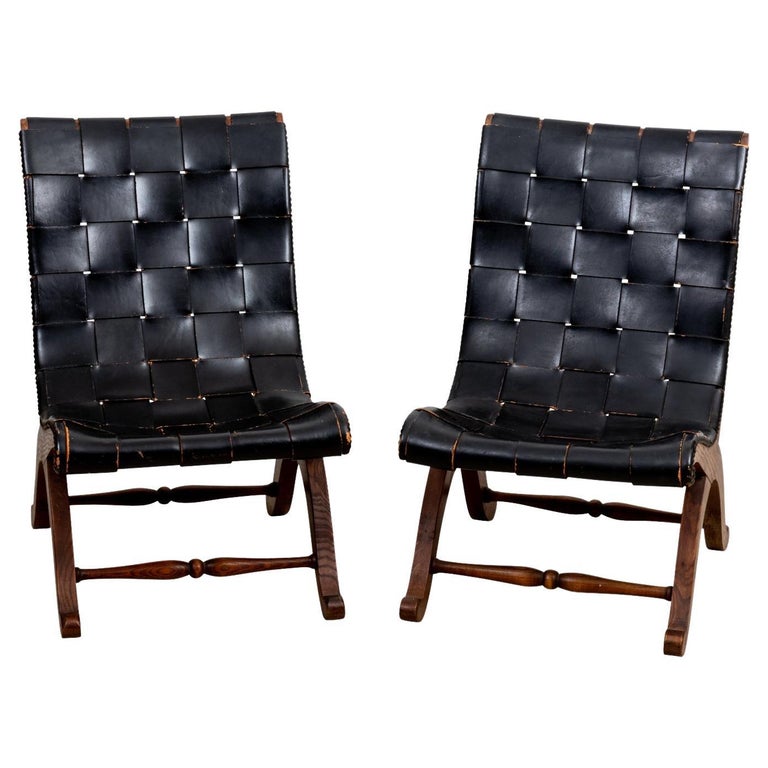 Pair of 1930s Leather Strapped Sling Chairs For Sale at 1stDibs