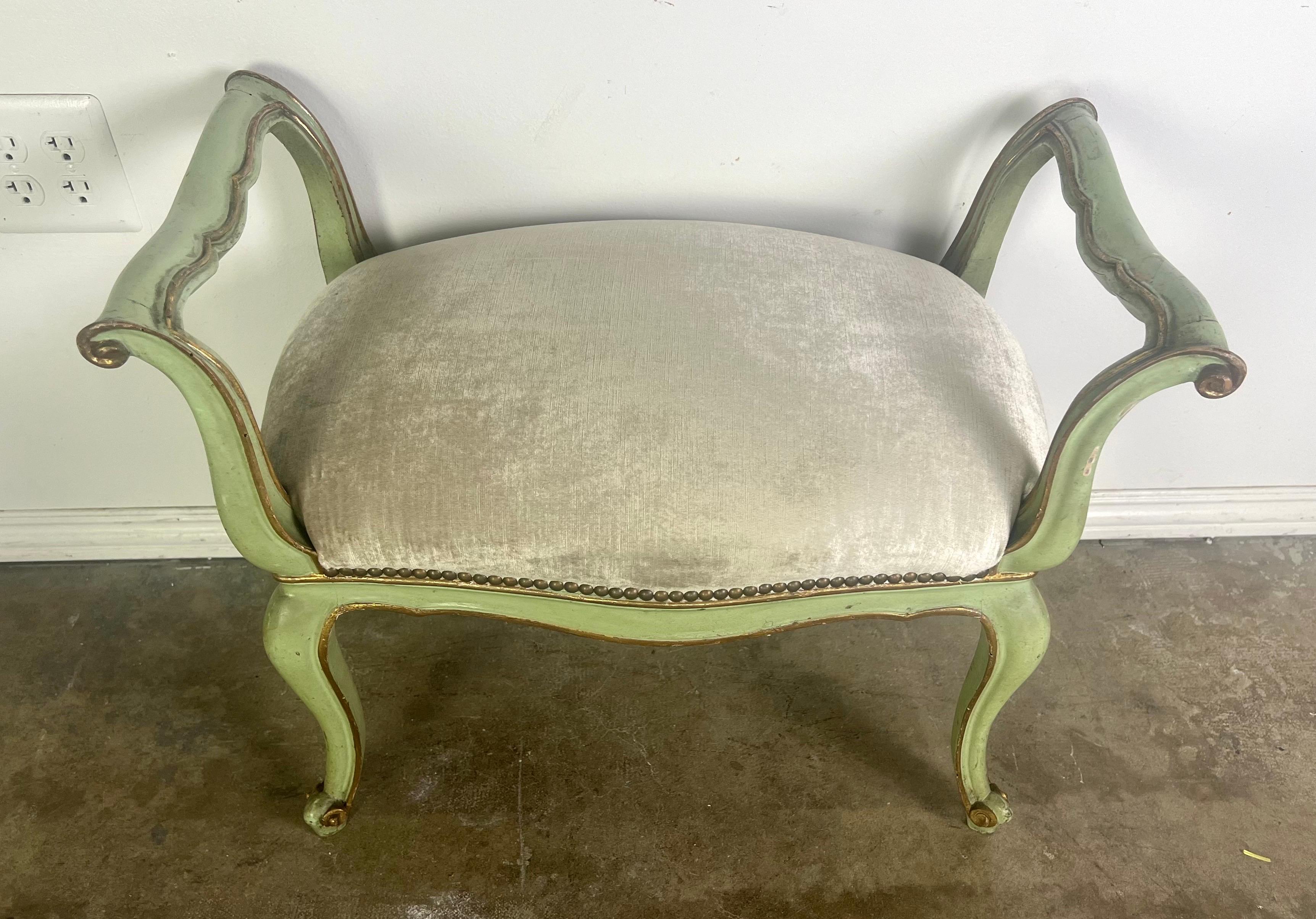 Velvet Pair of 1930's Louis XV Style French Painted Benches For Sale