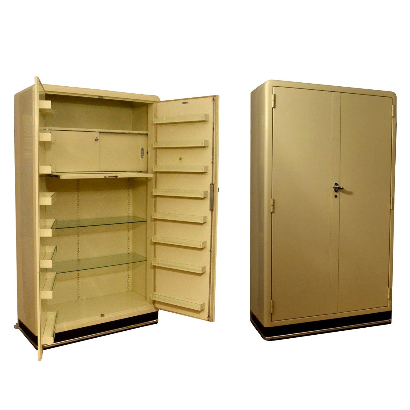 Industrial Cream Metal Pharmaceutical Storage Cabinet 1930's