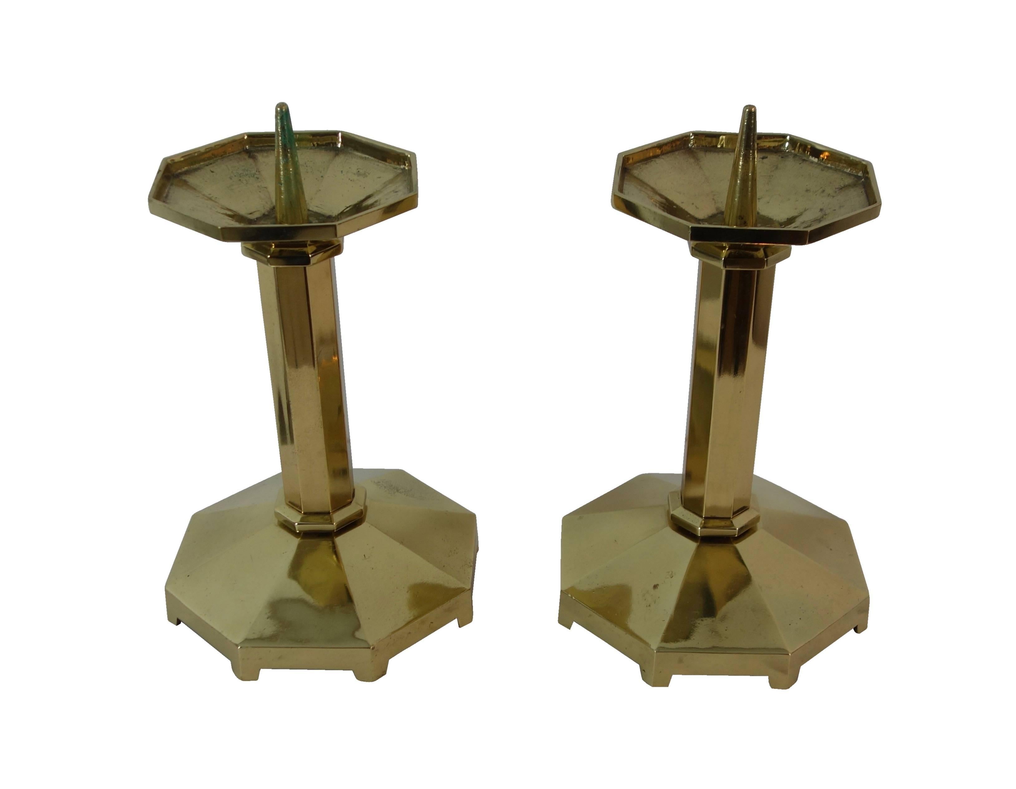 This is a pair of monumental solid brass European modernism candlesticks from Germany, circa 1930.