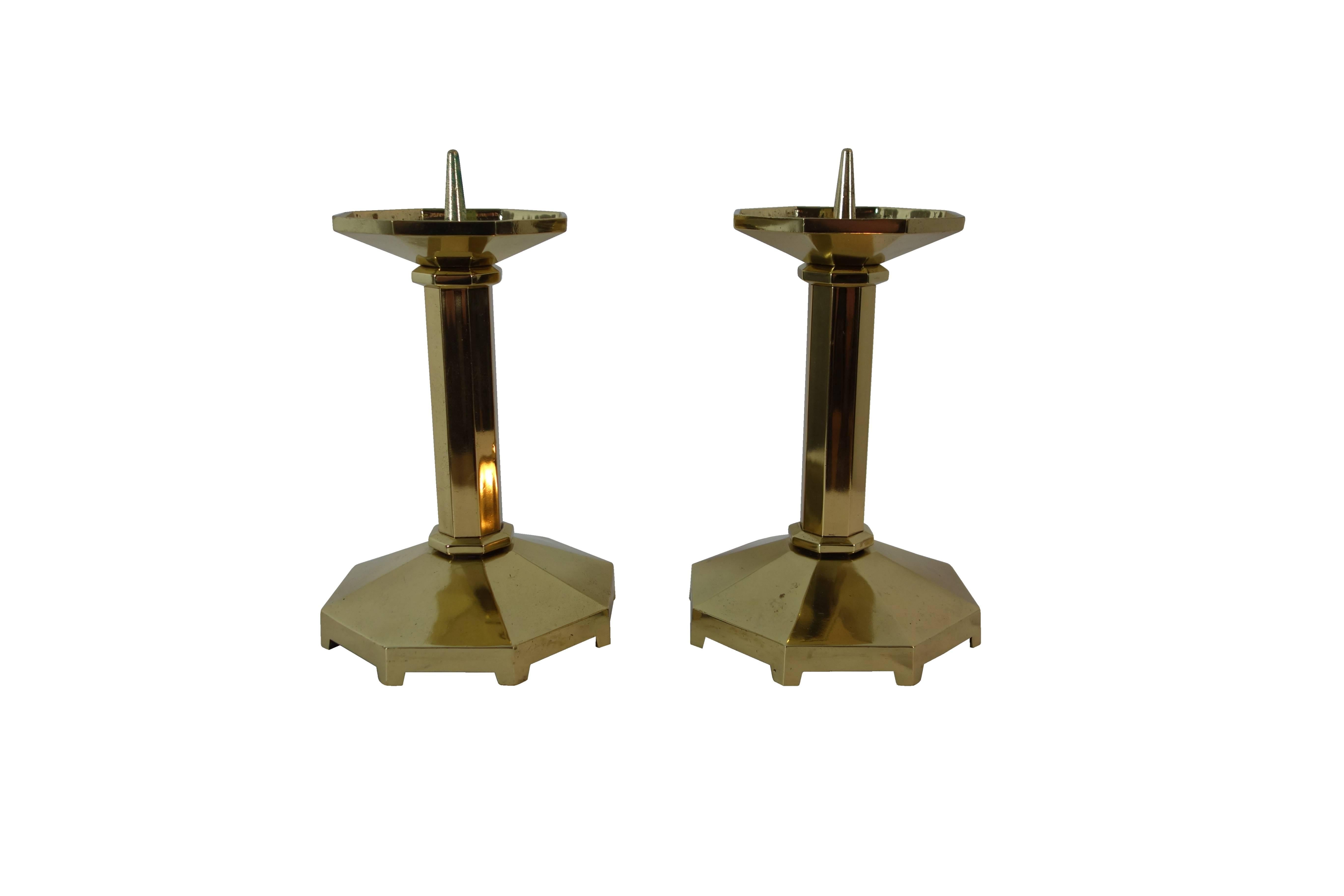 German Pair of 1930s Monumental Solid Brass European Modernism Candlesticks For Sale