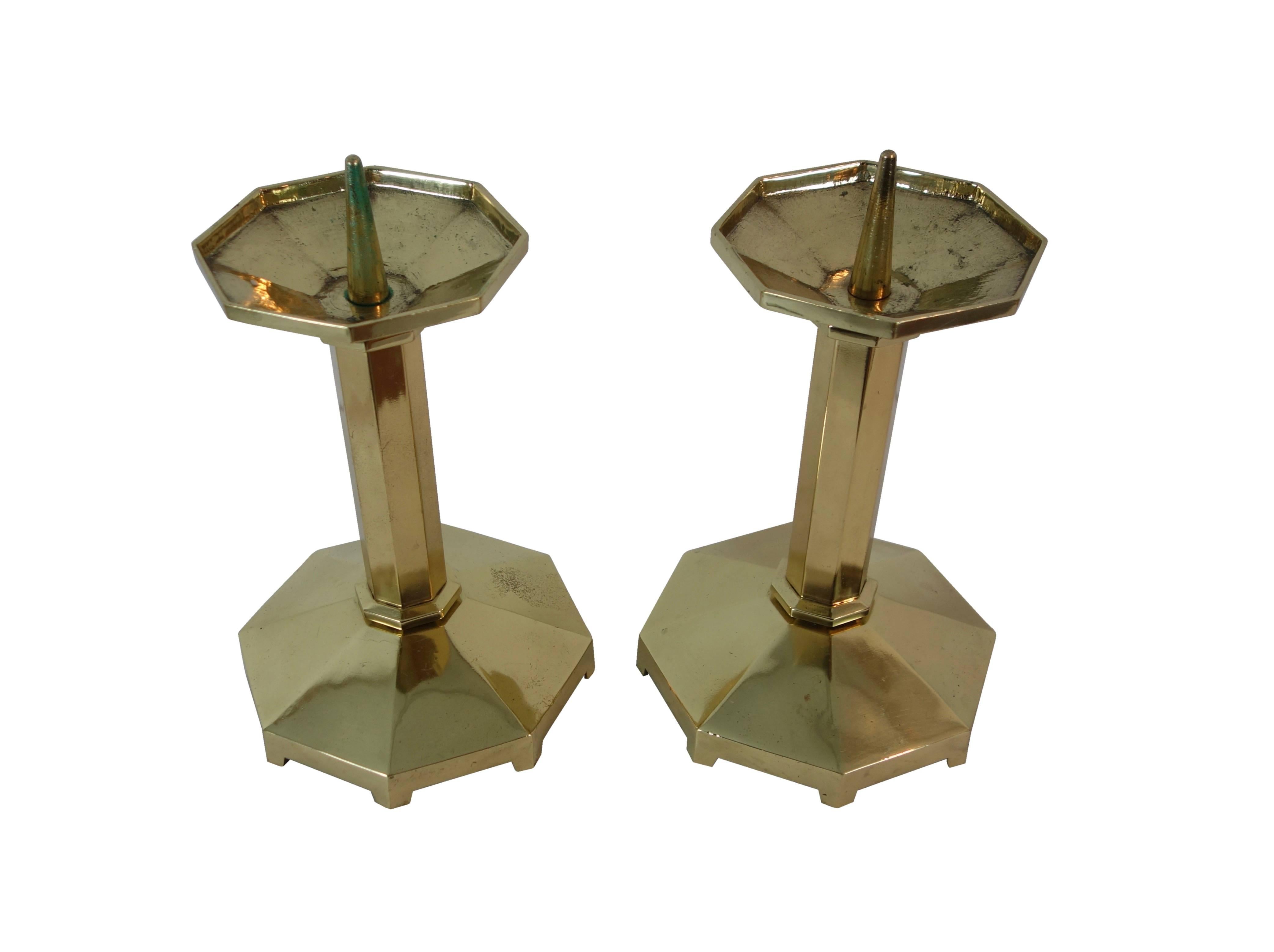 Pair of 1930s Monumental Solid Brass European Modernism Candlesticks For Sale 2