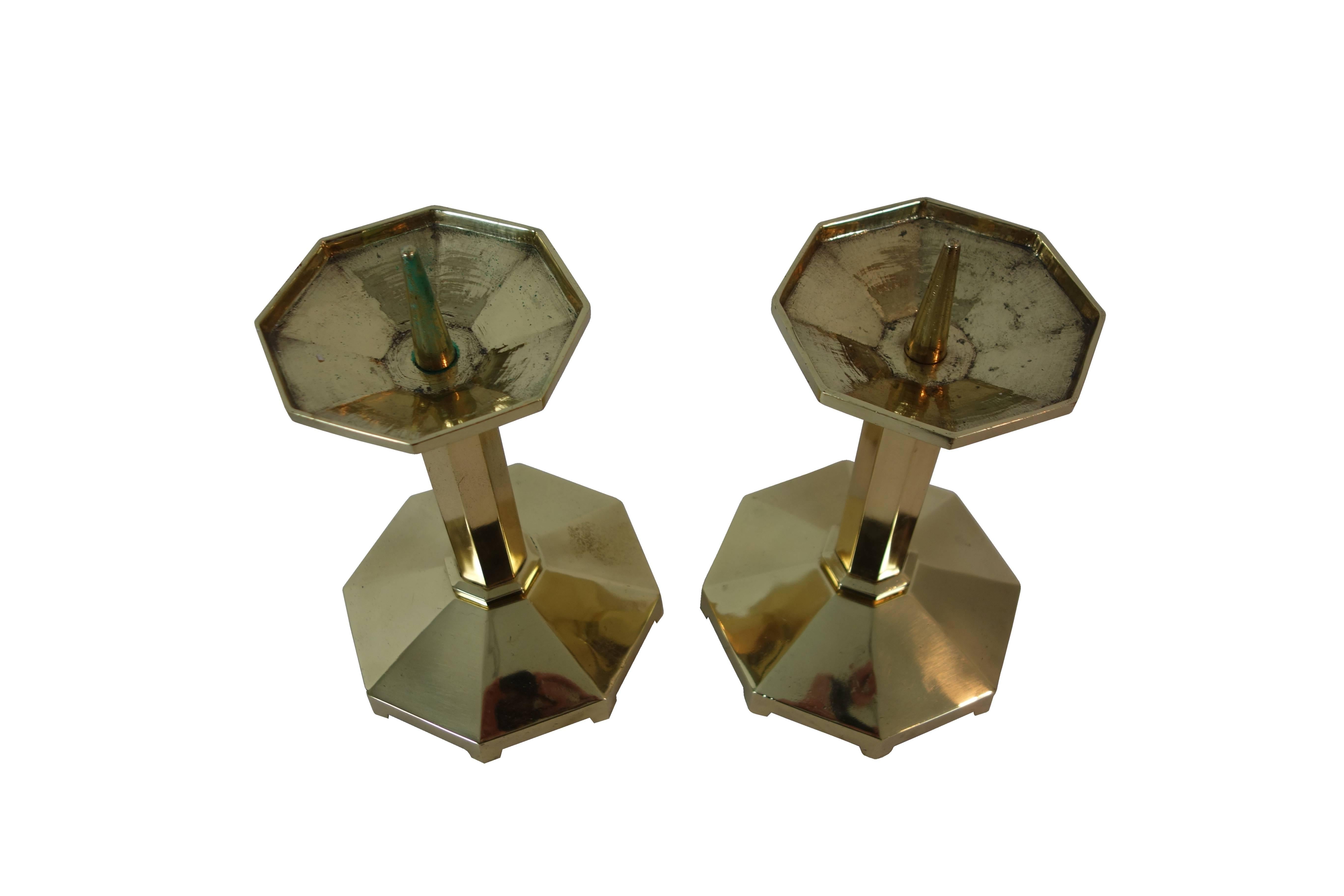 Pair of 1930s Monumental Solid Brass European Modernism Candlesticks For Sale 3