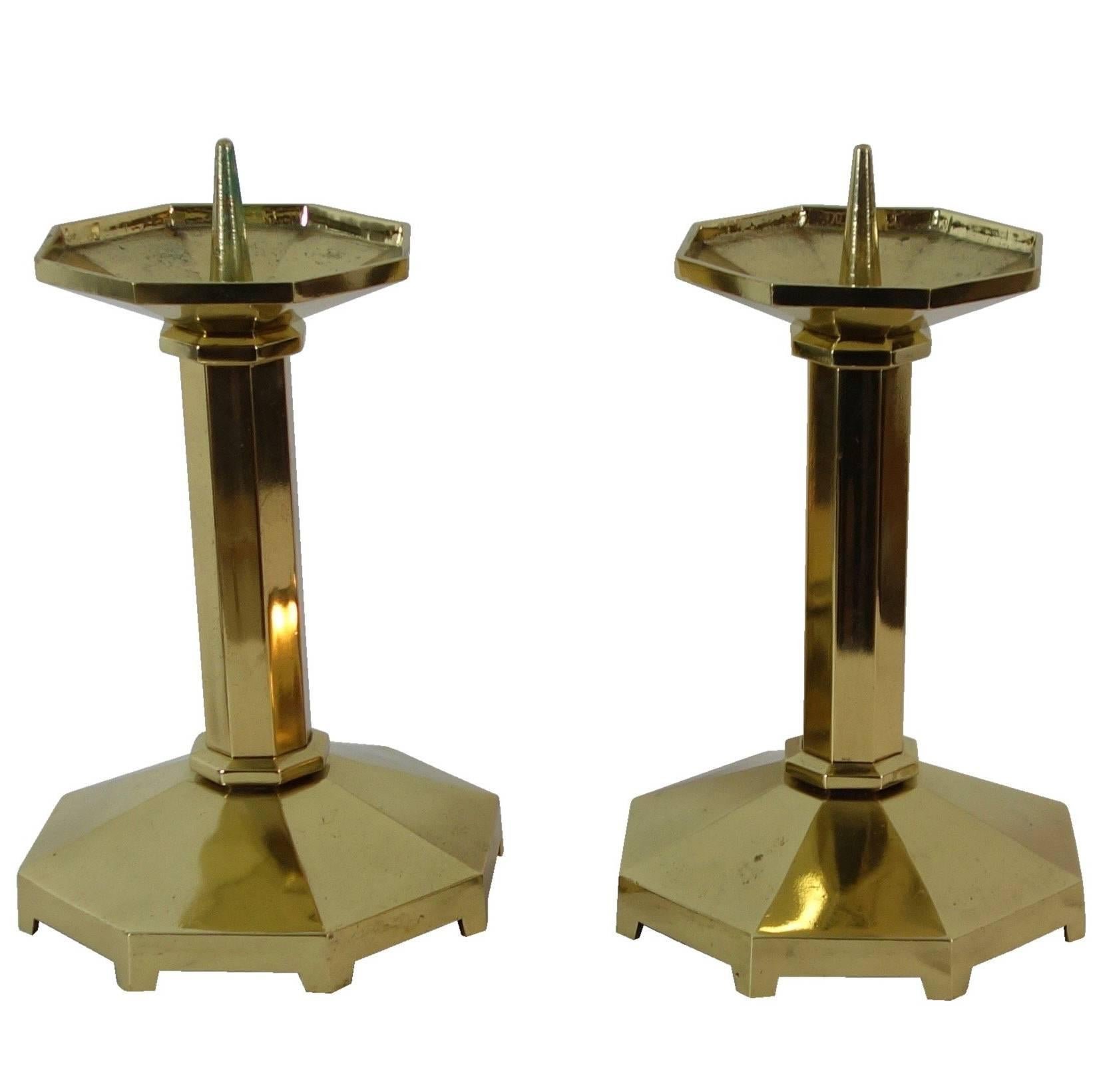 Pair of 1930s Monumental Solid Brass European Modernism Candlesticks For Sale