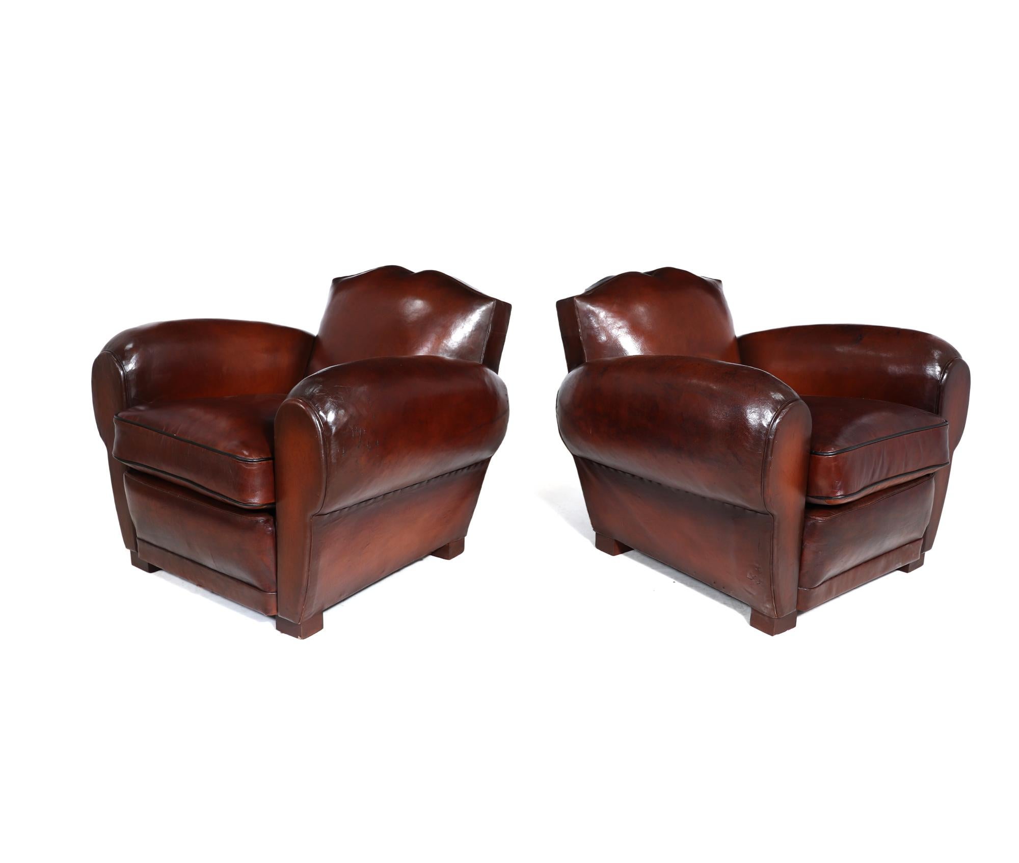 Art Deco Pair of 1930’s Moustache Back French Leather Club Chairs