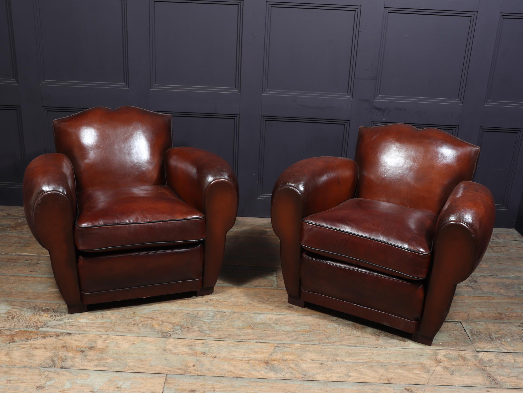 Pair of 1930’s Moustache Back French Leather Club Chairs In Good Condition In Paddock Wood Tonbridge, GB