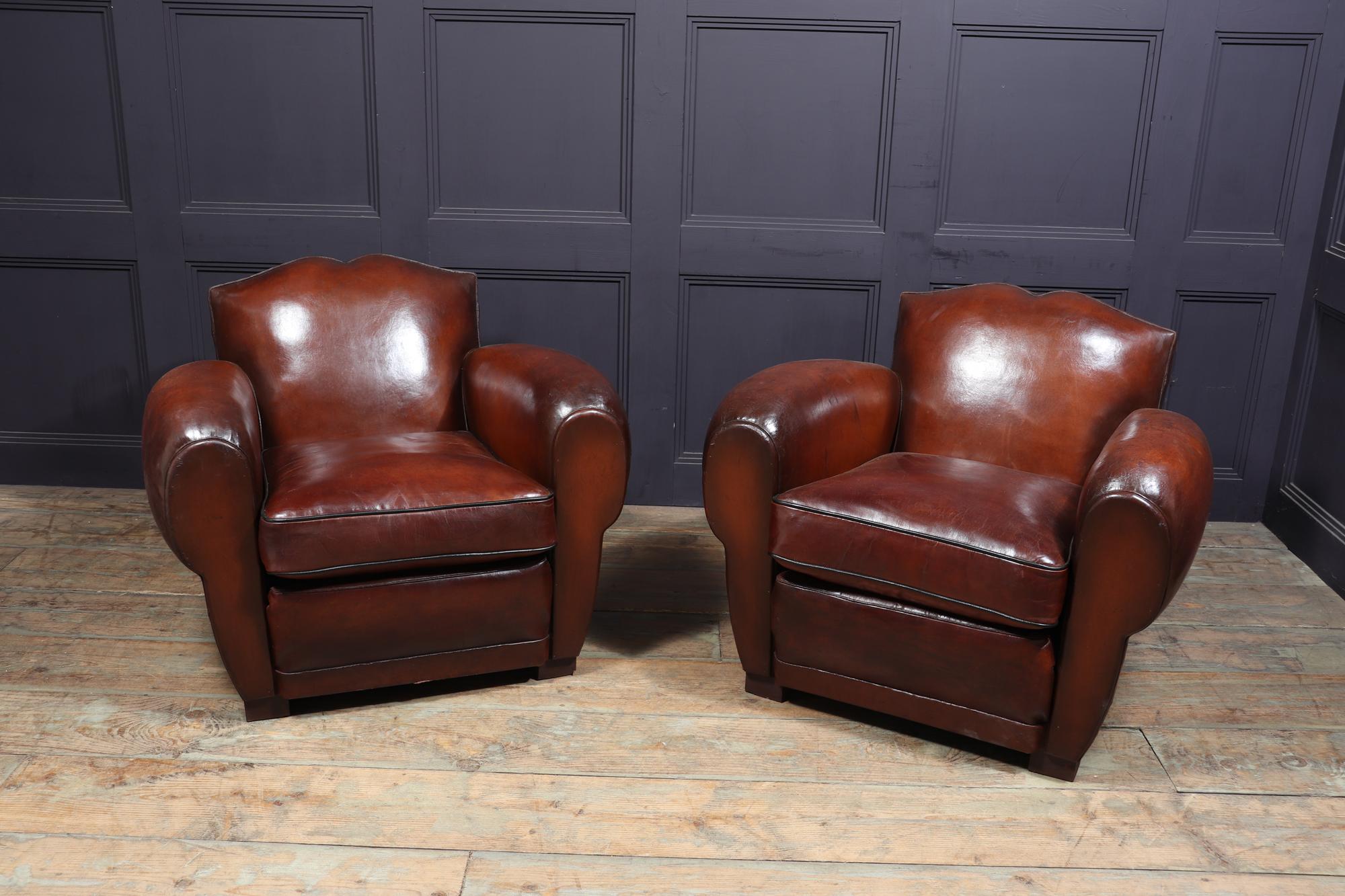 Mid-20th Century Pair of 1930’s Moustache Back French Leather Club Chairs