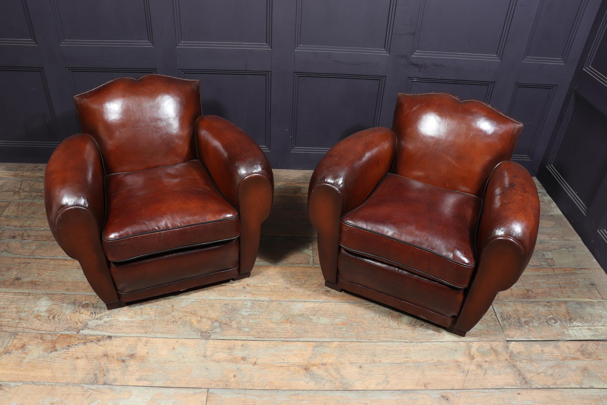 Pair of 1930’s Moustache Back French Leather Club Chairs 1