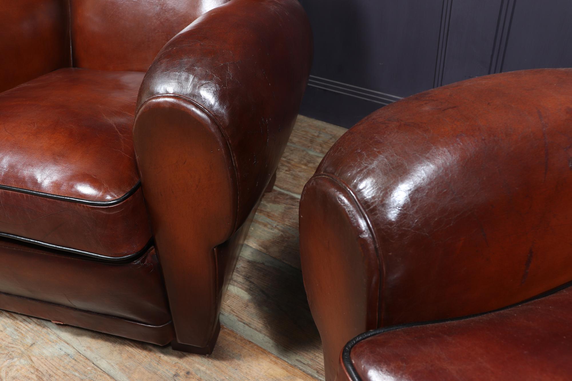 Pair of 1930’s Moustache Back French Leather Club Chairs 2