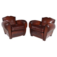 Vintage Pair of 1930’s Moustache Back French Leather Club Chairs