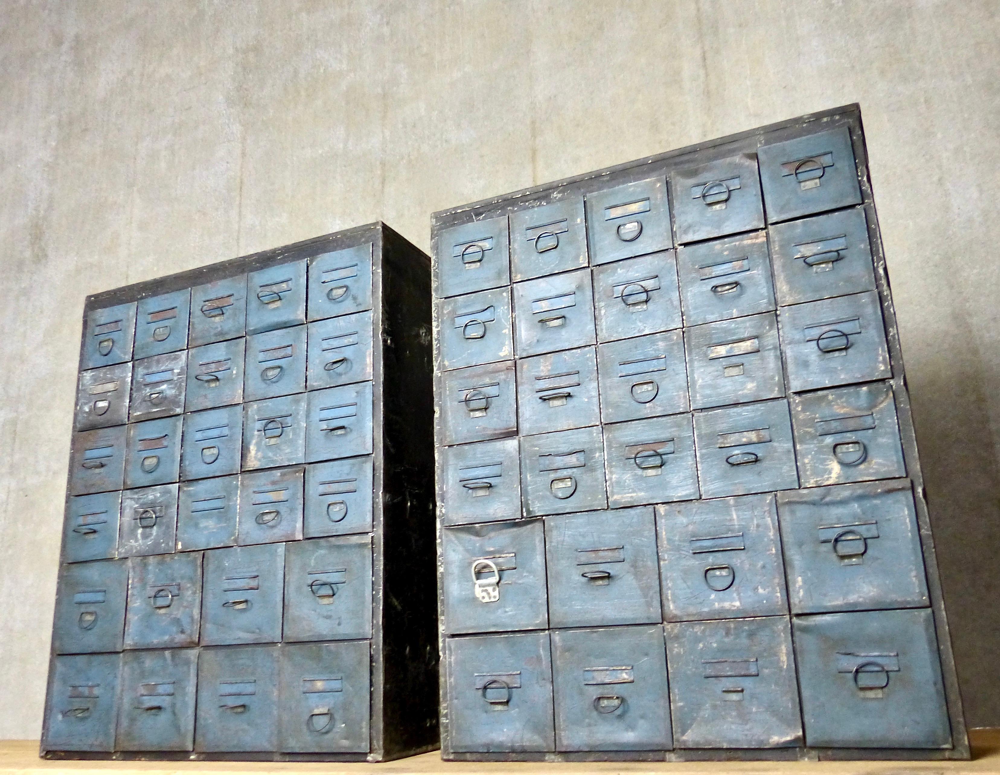 Industrial Pair of 1930s Multi-Drawer Metal Hardware Cabinets