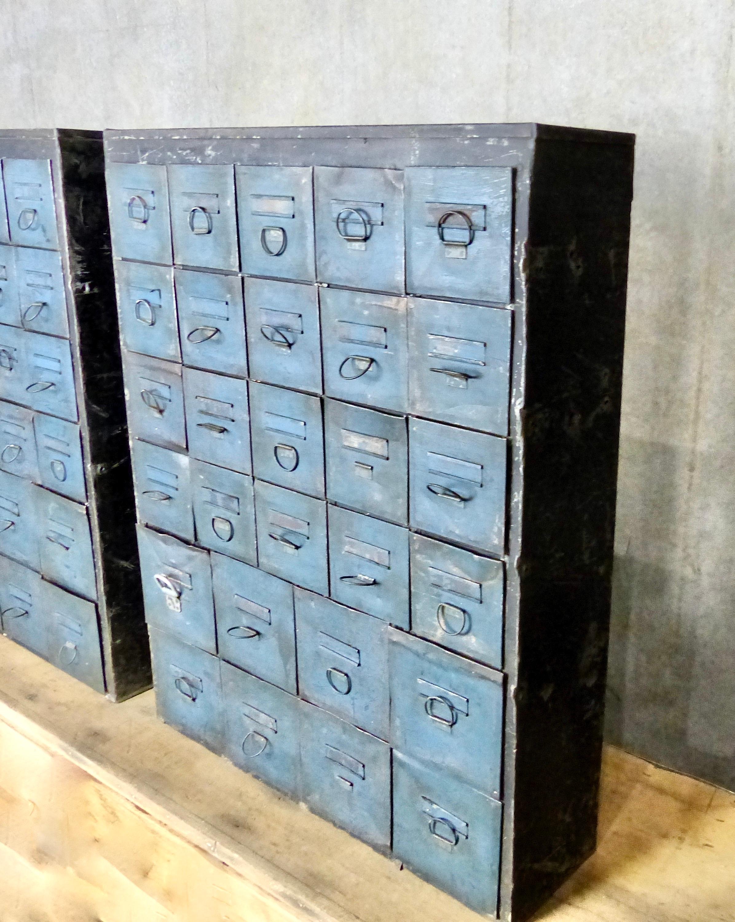 Pair of 1930s Multi-Drawer Metal Hardware Cabinets In Good Condition In Surrey, BC