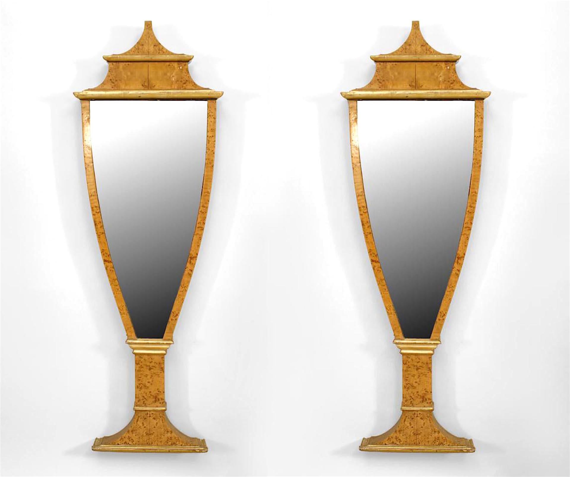 Pair of Italian Neoclassic-style (1930s) karelian birch and gilt trim wall mirrors with elongated urn shape design. (PRICED AS Pair)
