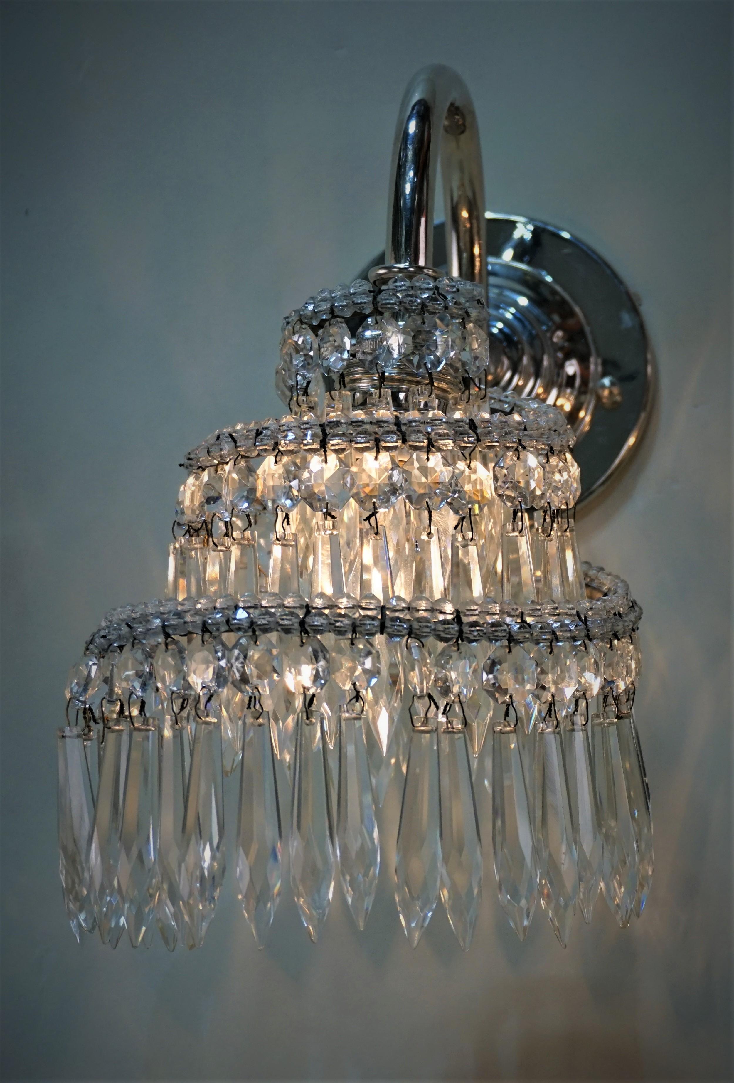 Pair of 1930s Nickel and Crystal French Art Deco Wall Sconces In Good Condition In Fairfax, VA