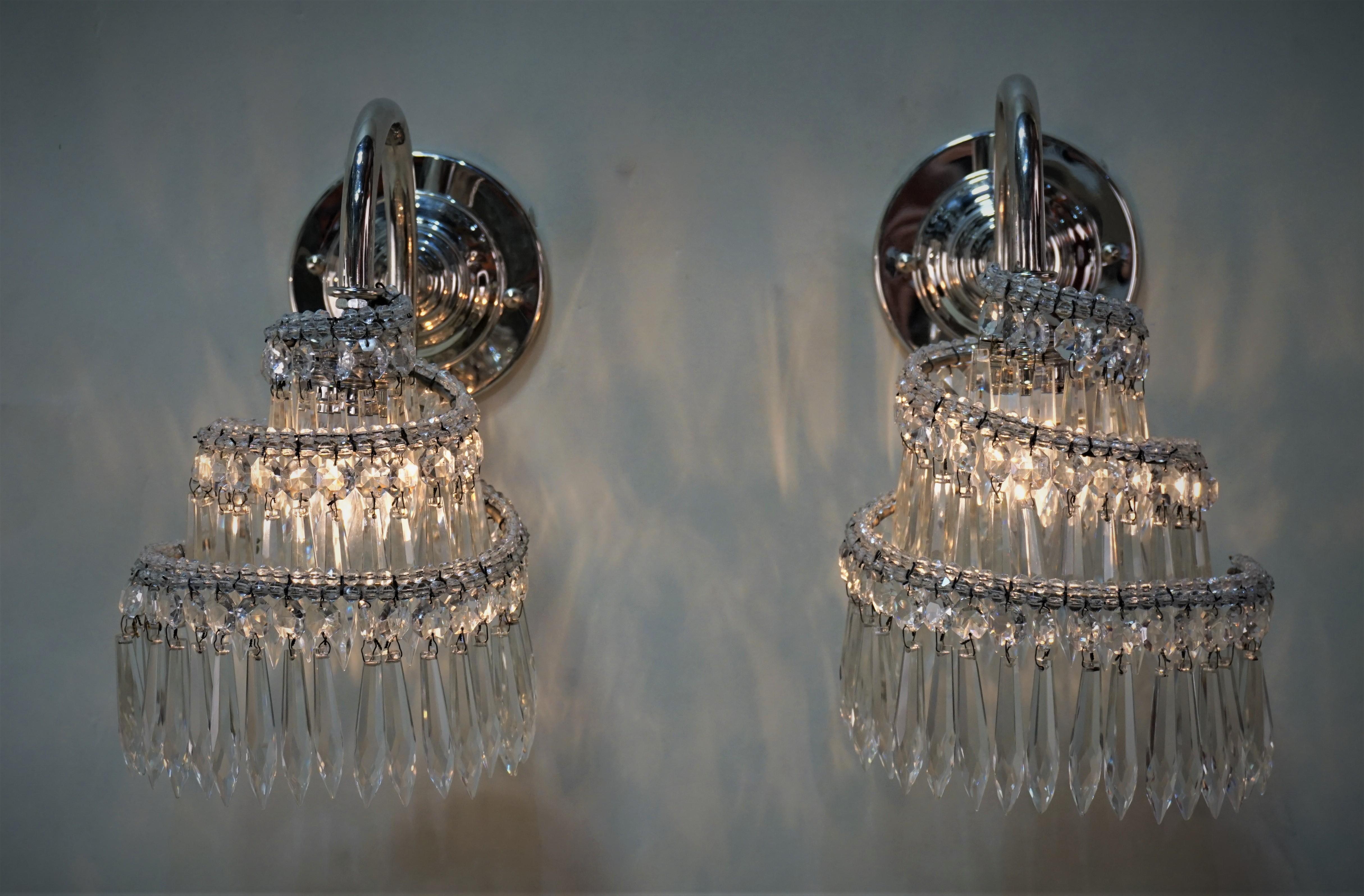 Mid-20th Century Pair of 1930s Nickel and Crystal French Art Deco Wall Sconces