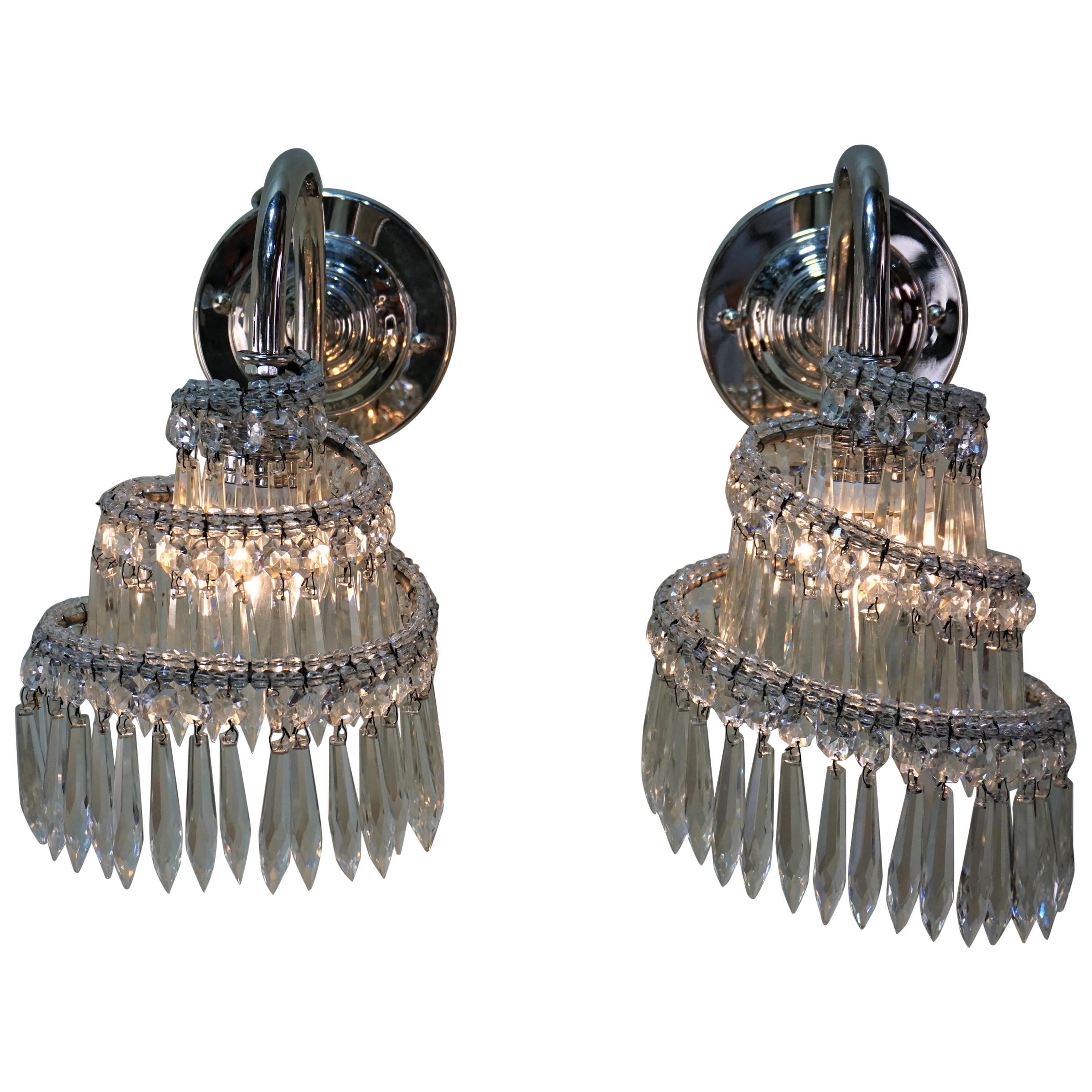 Pair of 1930s Nickel and Crystal French Art Deco Wall Sconces
