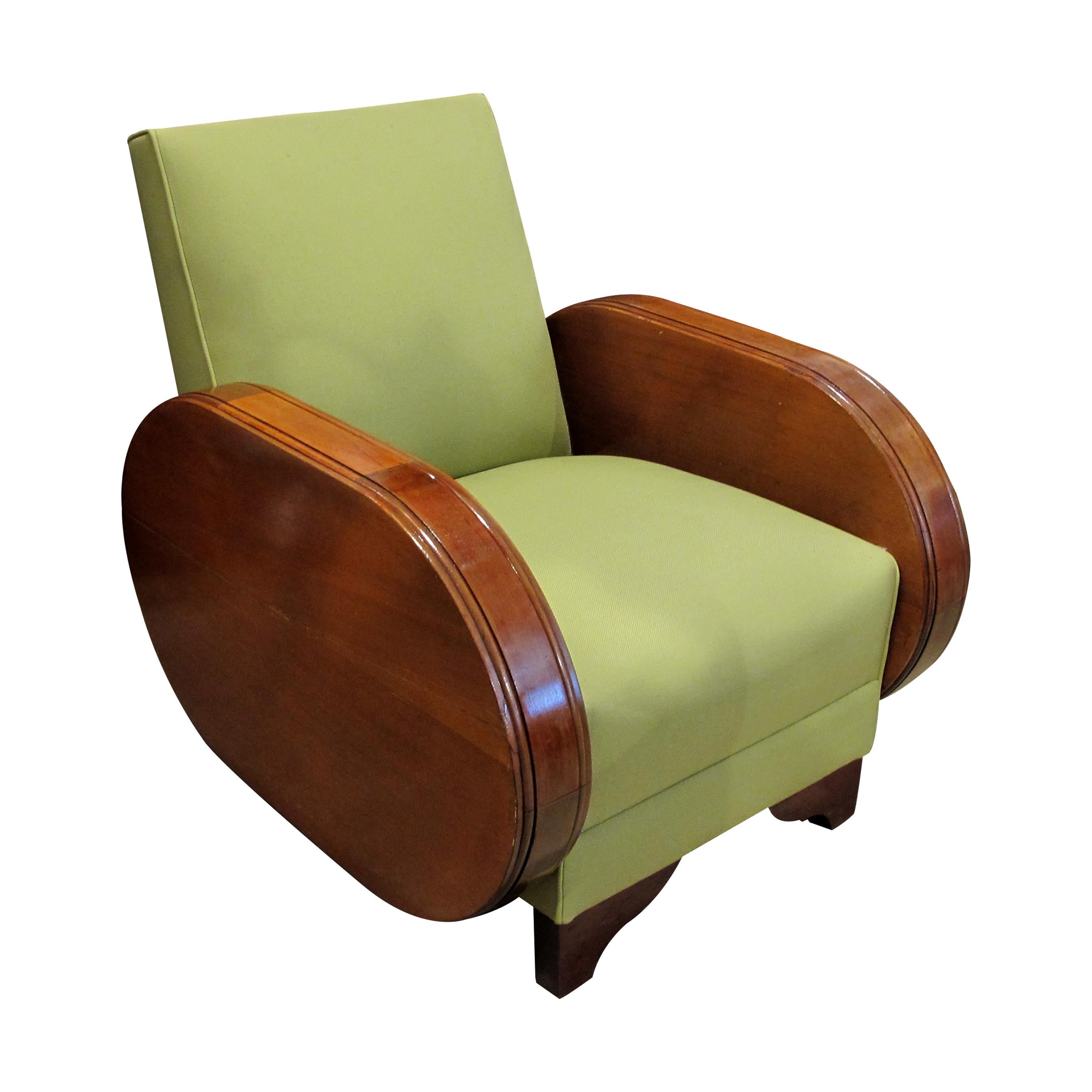 Pair of 1930s Northern European Walnut Art Deco Armchairs in Green Fabric In Good Condition In London, GB