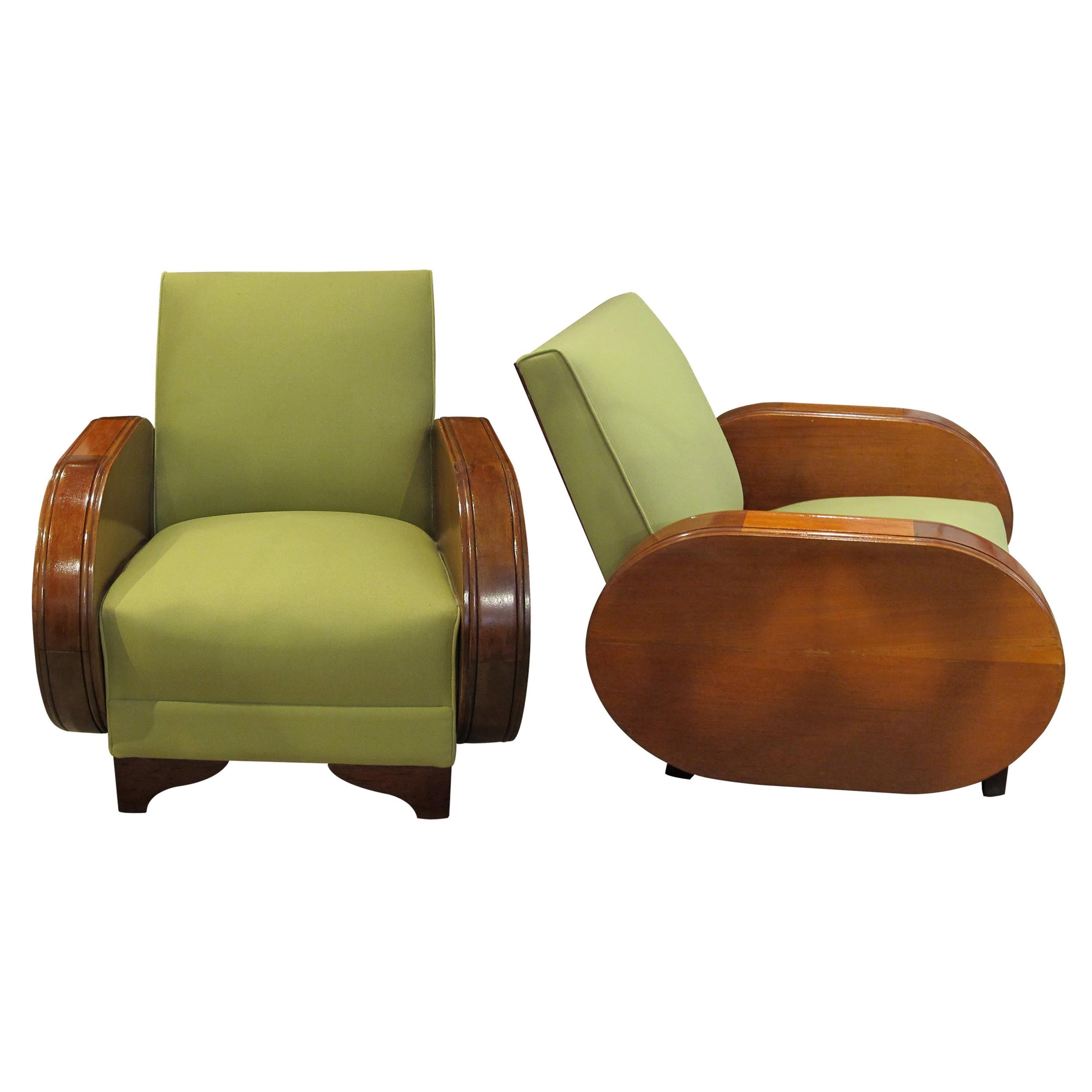 Pair of 1930s Northern European Walnut Art Deco Armchairs in Green Fabric
