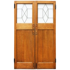 Vintage Pair of 1930s Oak Interior Swing Doors with Leaded Glass