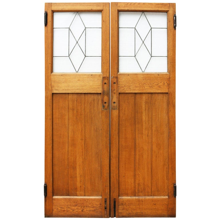 Pair Of 1930s Oak Interior Swing Doors With Leaded Glass