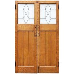 Pair of 1930s Oak Interior Swing Doors with Leaded Glass