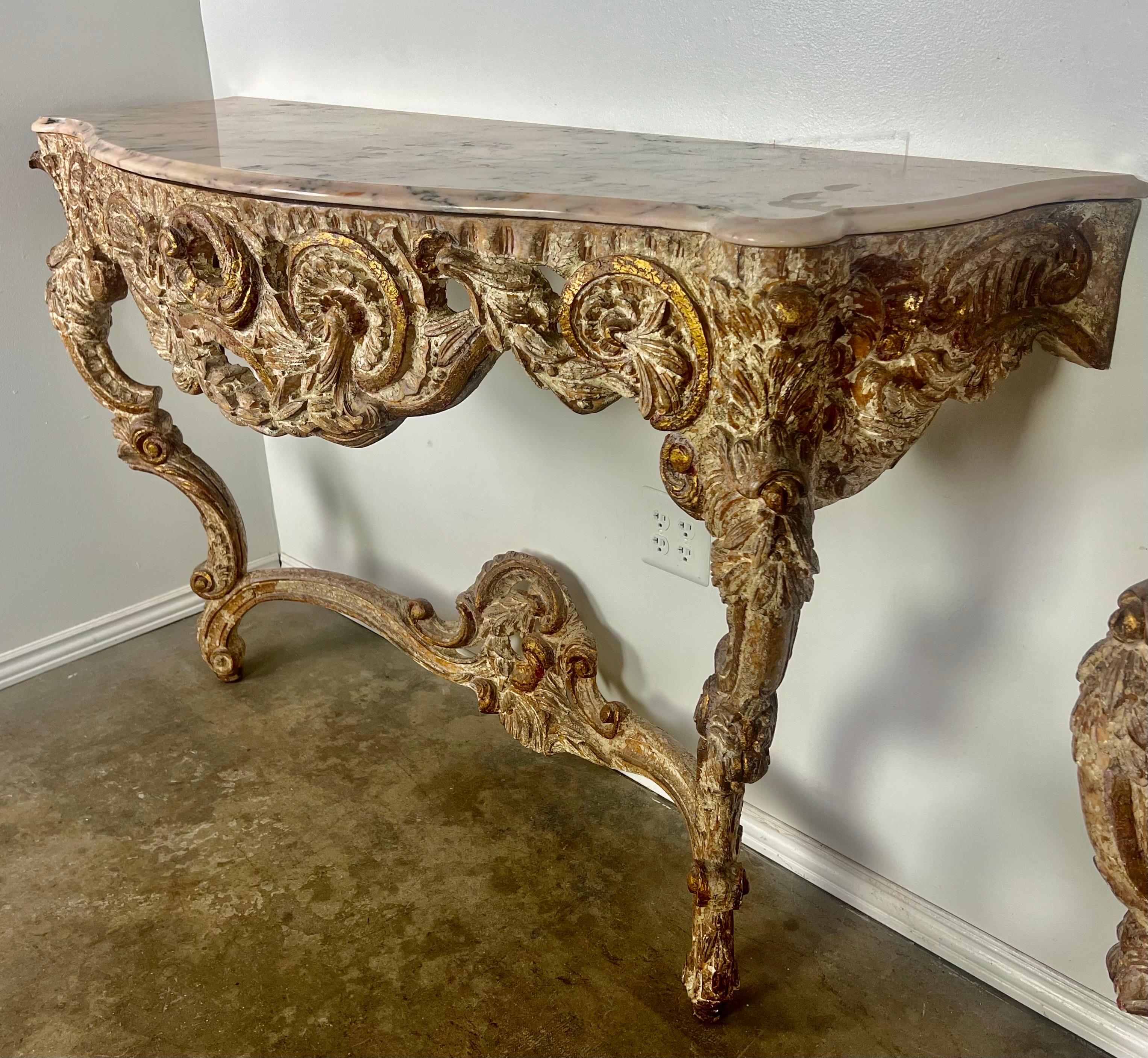 Pair of 1930's Painted French Rococo Style Consoles with Marble Tops For Sale 8