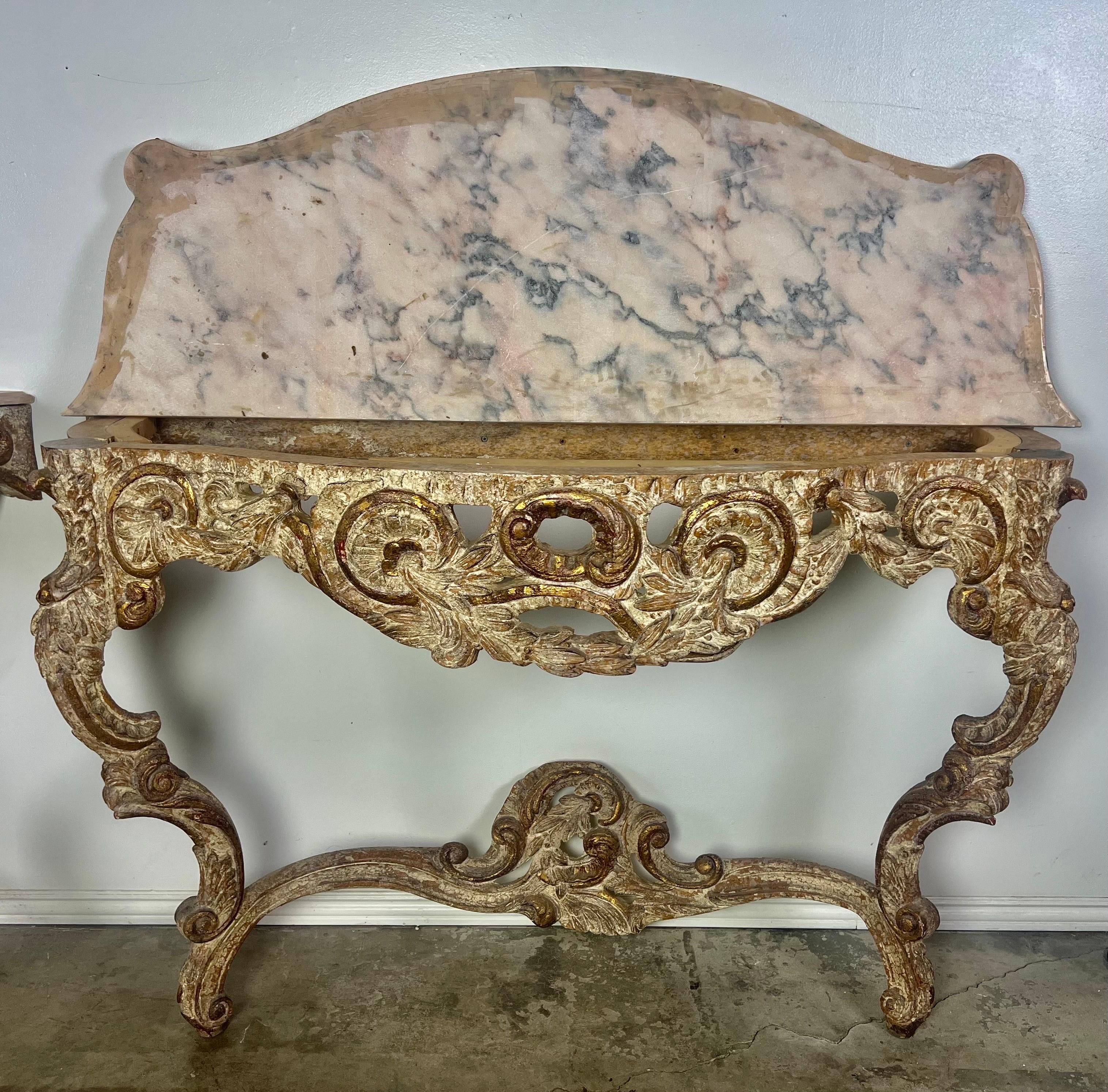 Pair of 1930's Painted French Rococo Style Consoles with Marble Tops For Sale 11