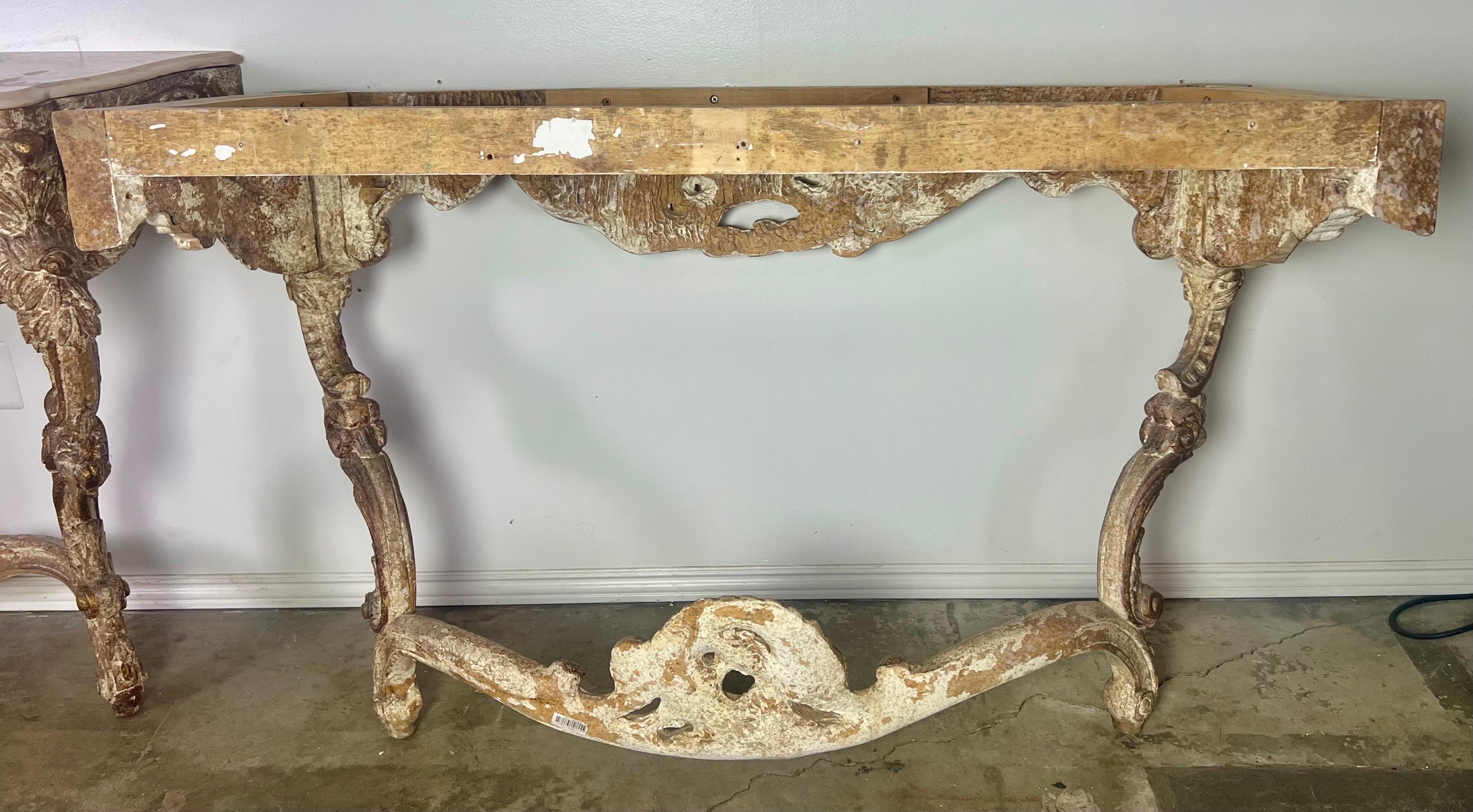 Pair of 1930's Painted French Rococo Style Consoles with Marble Tops For Sale 12